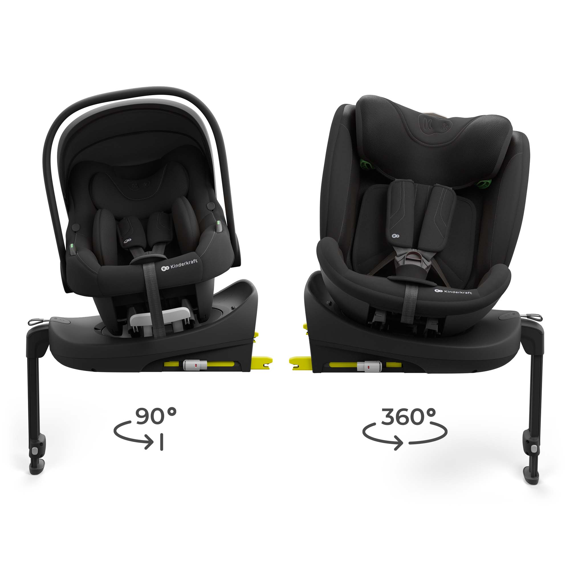Schwarzer Kindersitz mit 90° und 360° Drehfunktion auf Basis.