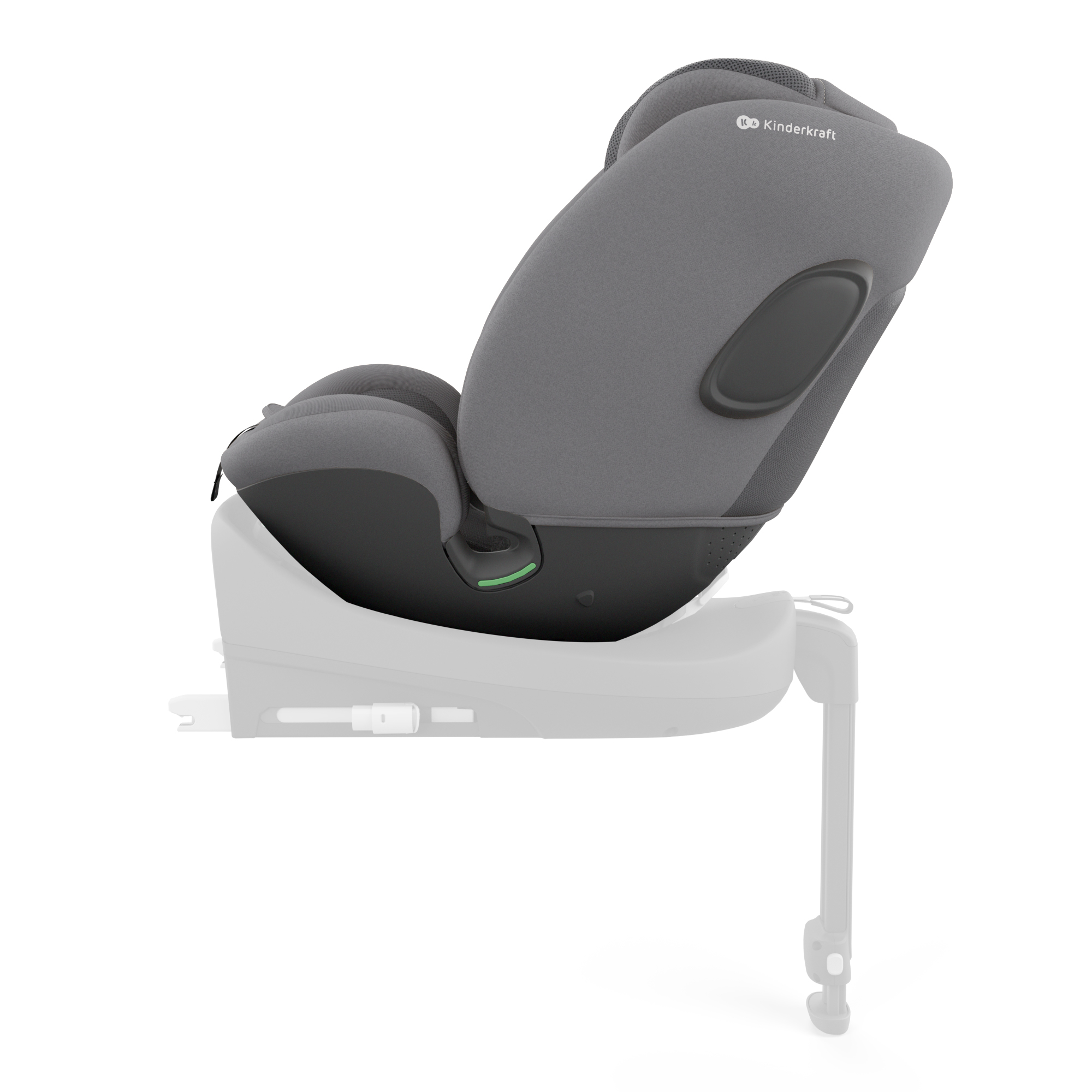 Grauer Kindersitz mit Verriegelungsmechanismus auf weißem Hintergrund.