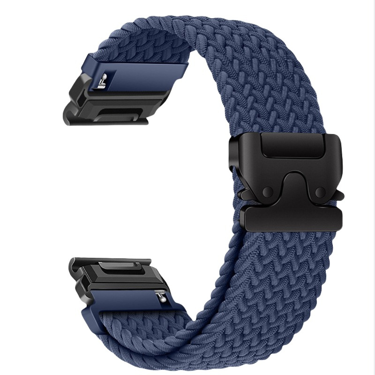 Ein dunkelblauer, geflochtener Uhrenarmband mit schwarzer Schnalle.