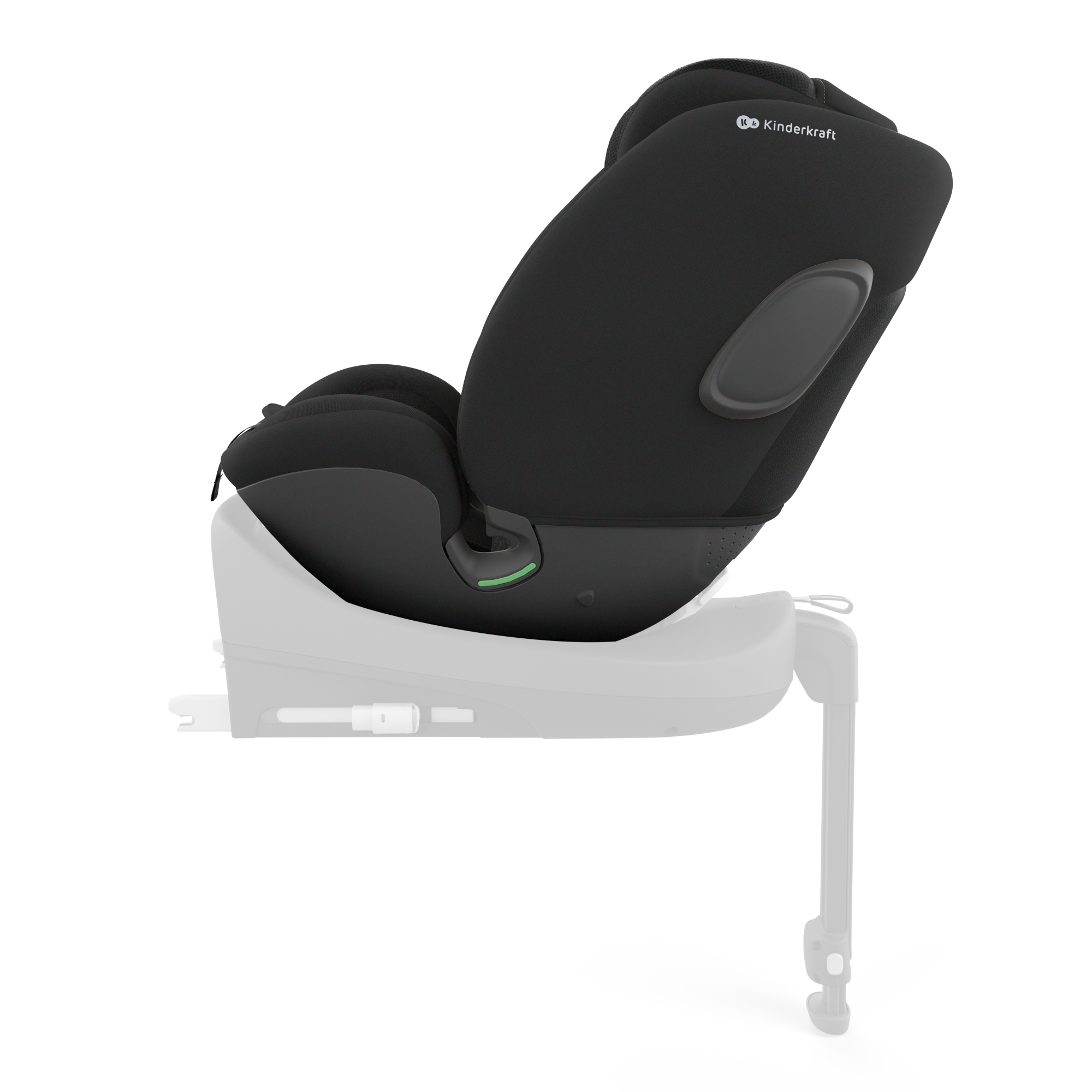 Schwarzer Kindersitz mit ISOFIX-Basis, Markenlogo sichtbar.