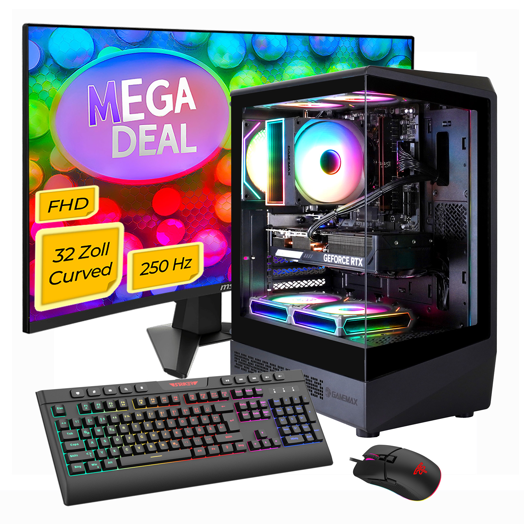 Gaming-PC mit RGB-Lüftern, Tastatur, Maus und 32-Zoll-Curved-Monitor.