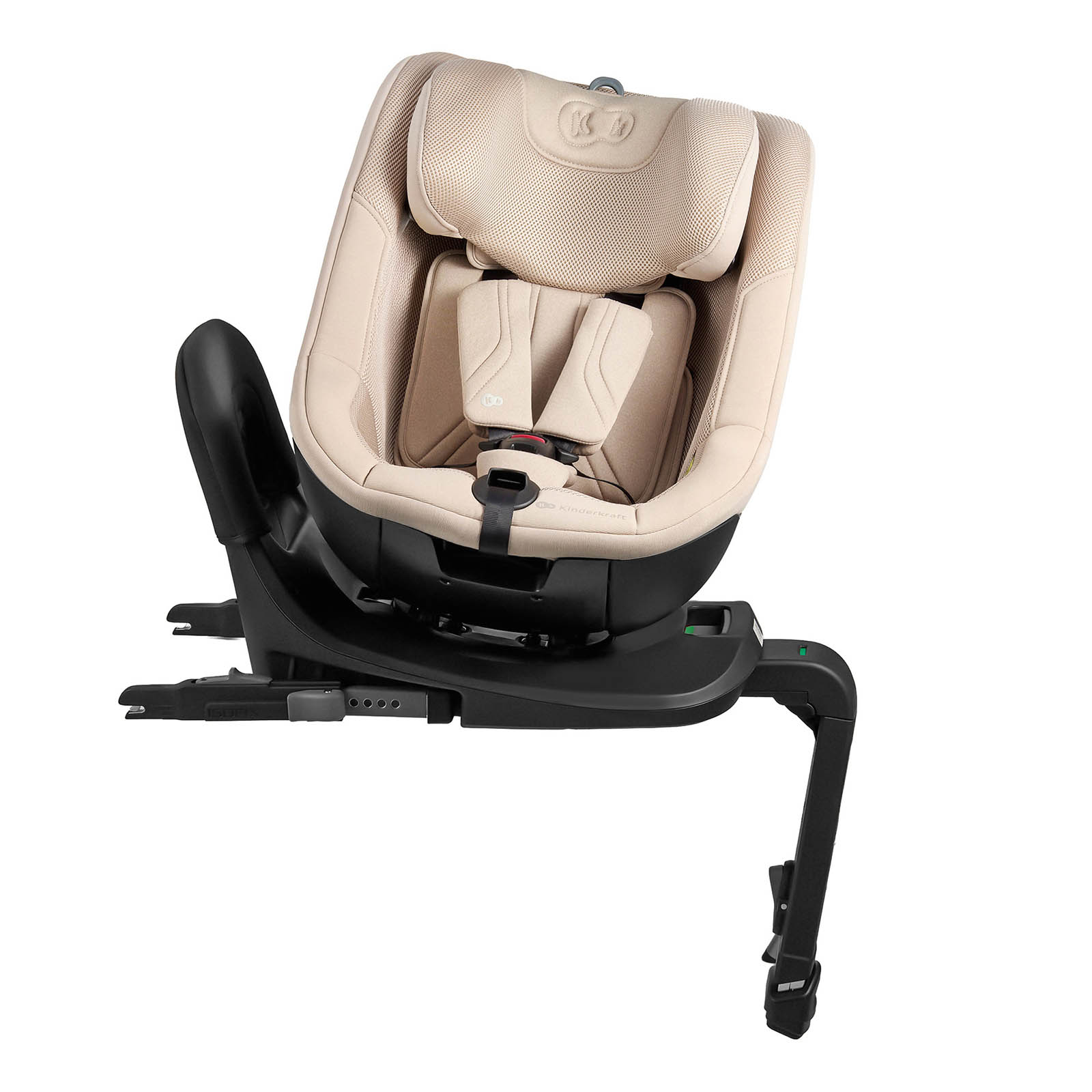 Ein beiger Kindersitz mit schwarzen Befestigungen und Gurten auf einer weißen Fläche.