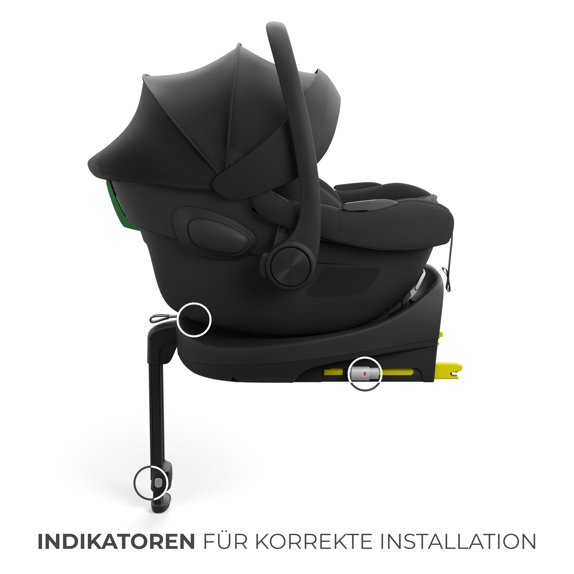 Schwarzer Kindersitz auf Basis mit Indikatoren für korrekte Installation.