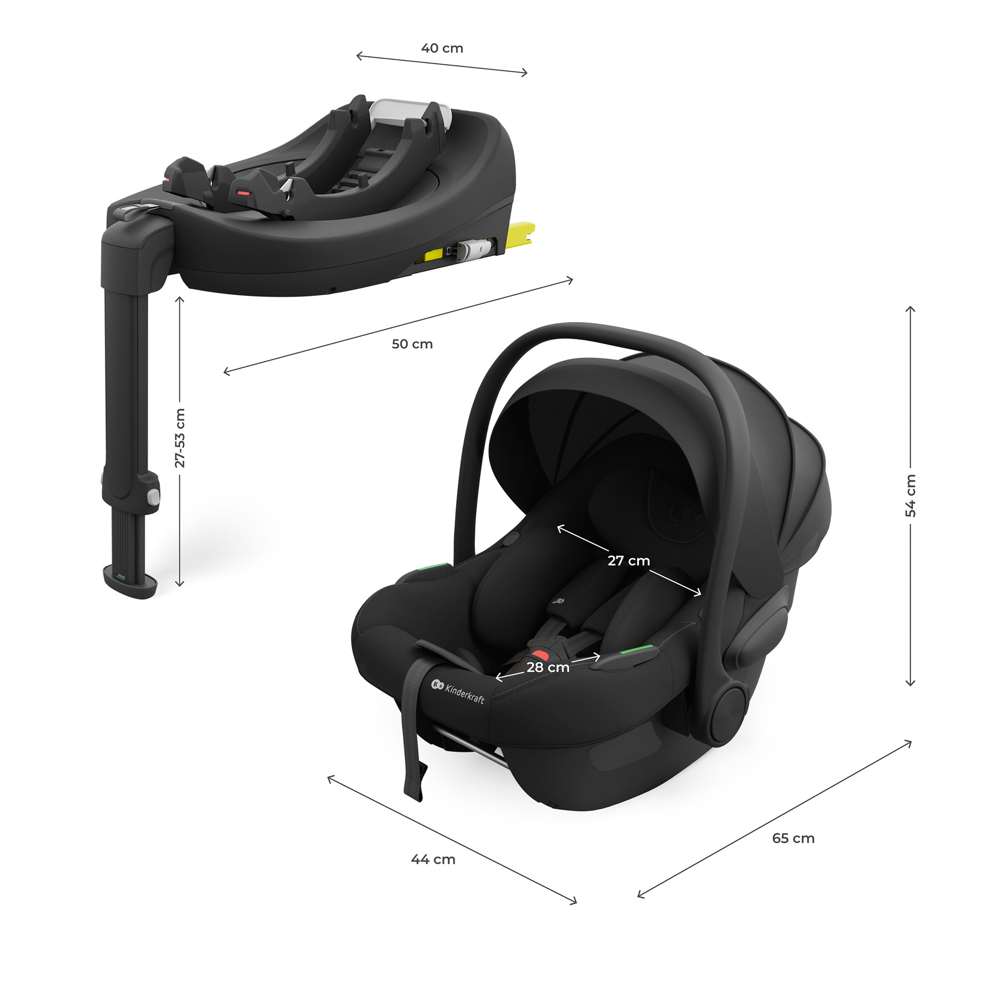 Schwarze Babyschale mit Basis und Maßen. 54 cm hoch, 65 cm lang.