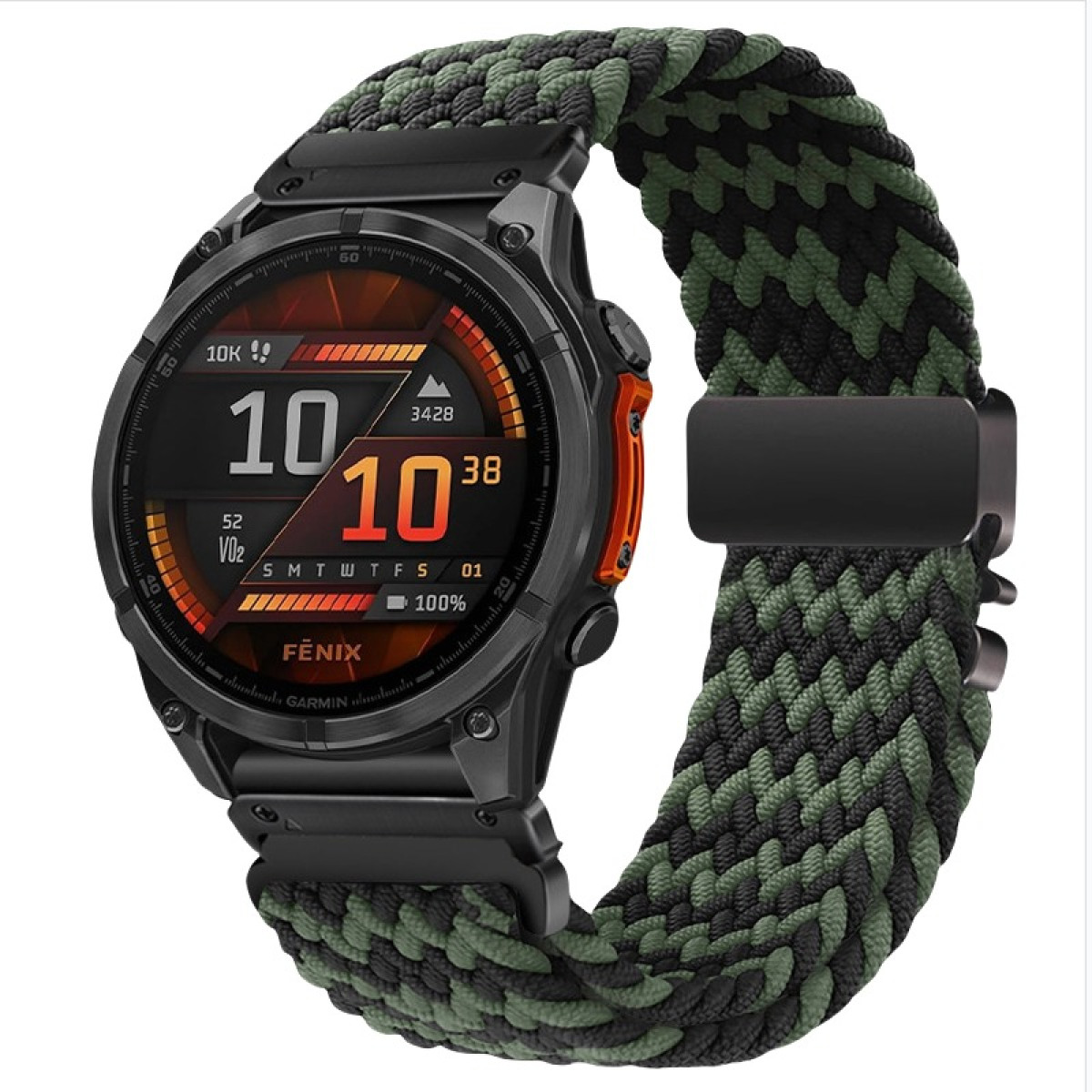 Schwarze Smartwatch mit grün-schwarzem Flechtarmband zeigt 10:10 auf dem Display.