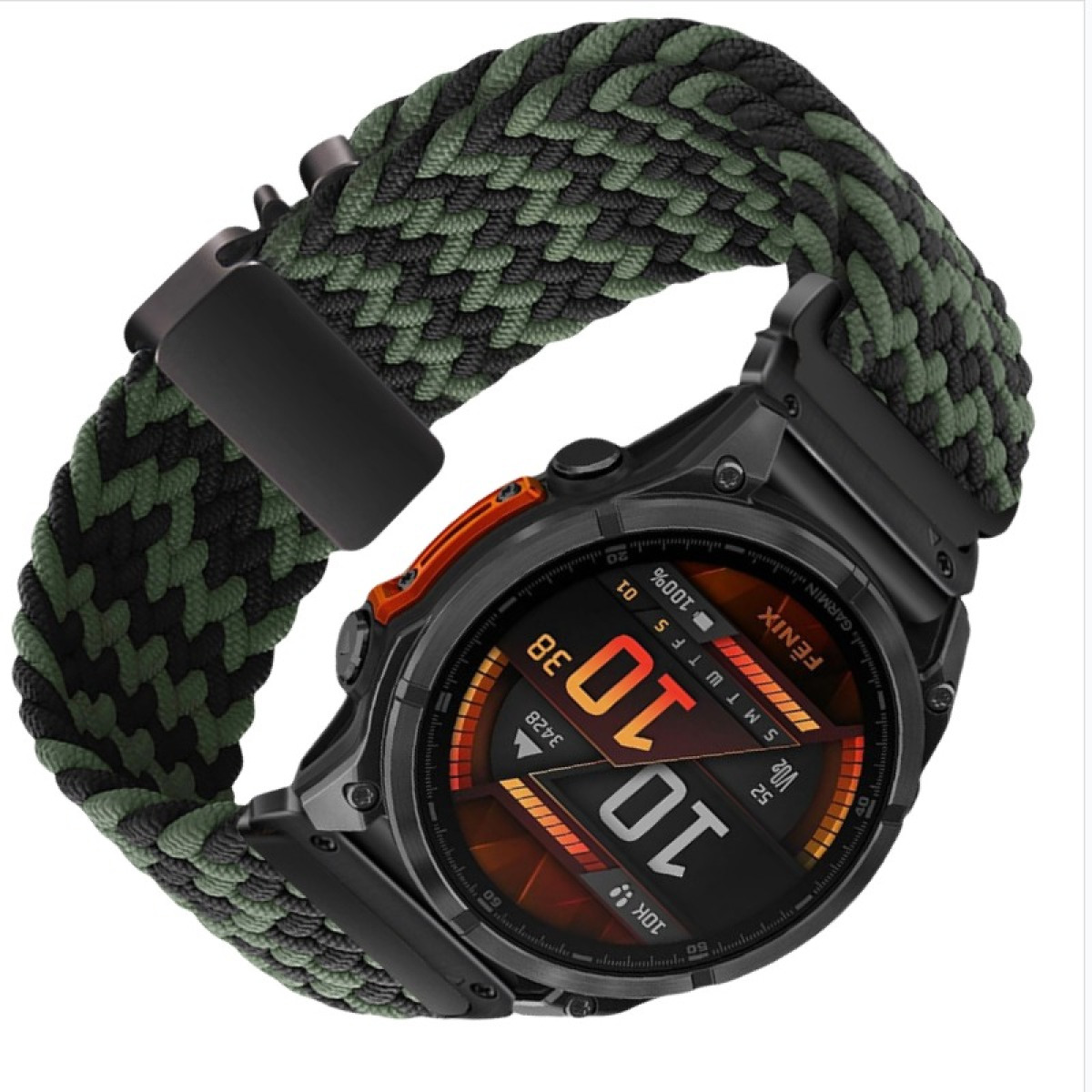 Schwarze Smartwatch mit grün-schwarzem Armband, detailliertem Zifferblatt.