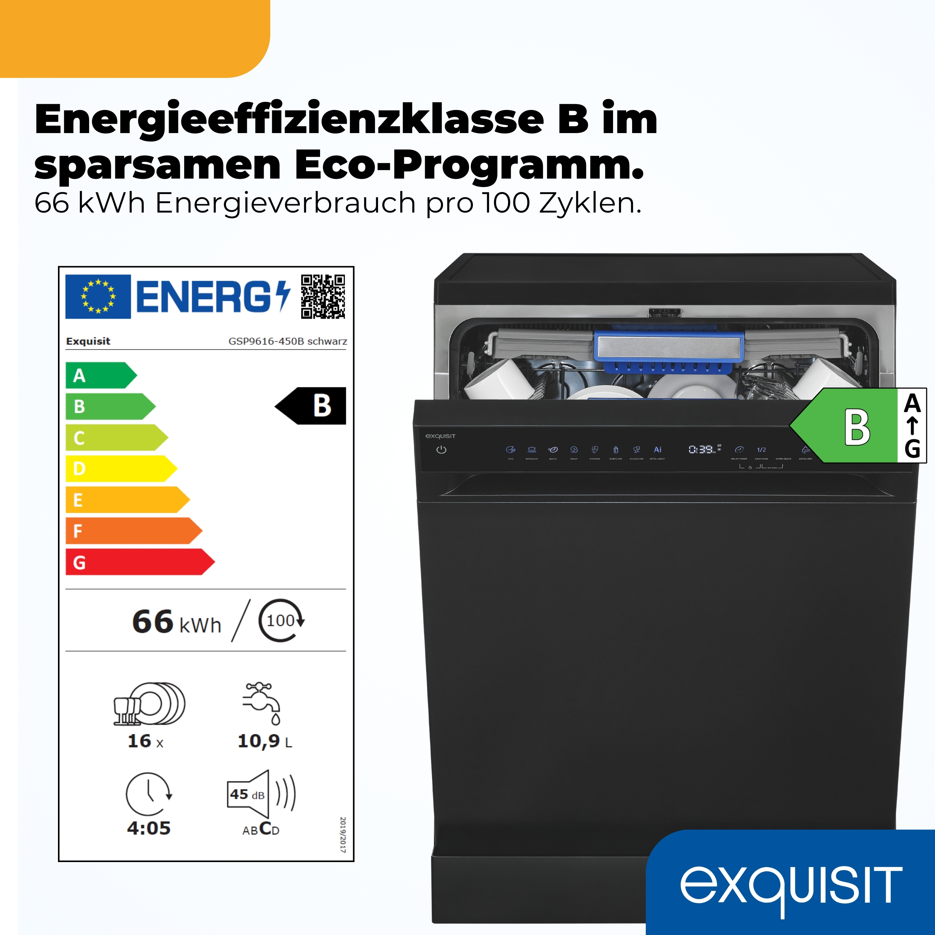 Schwarzer Geschirrspüler mit Energieeffizienzklasse B und Eco-Programm.