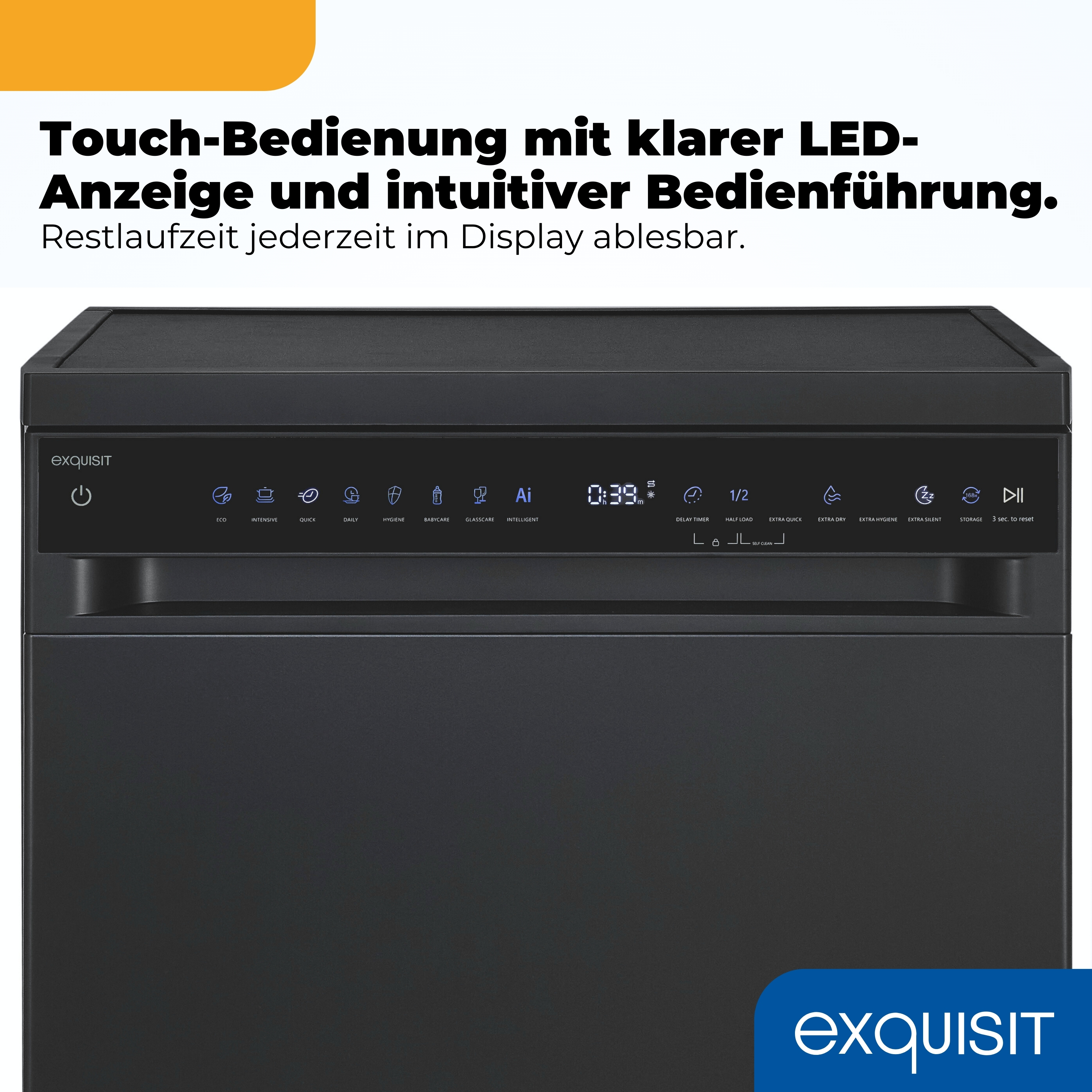 Schwarzer Geschirrspüler mit Touch-Bedienfeld und LED-Anzeige. Programme sind sichtbar.