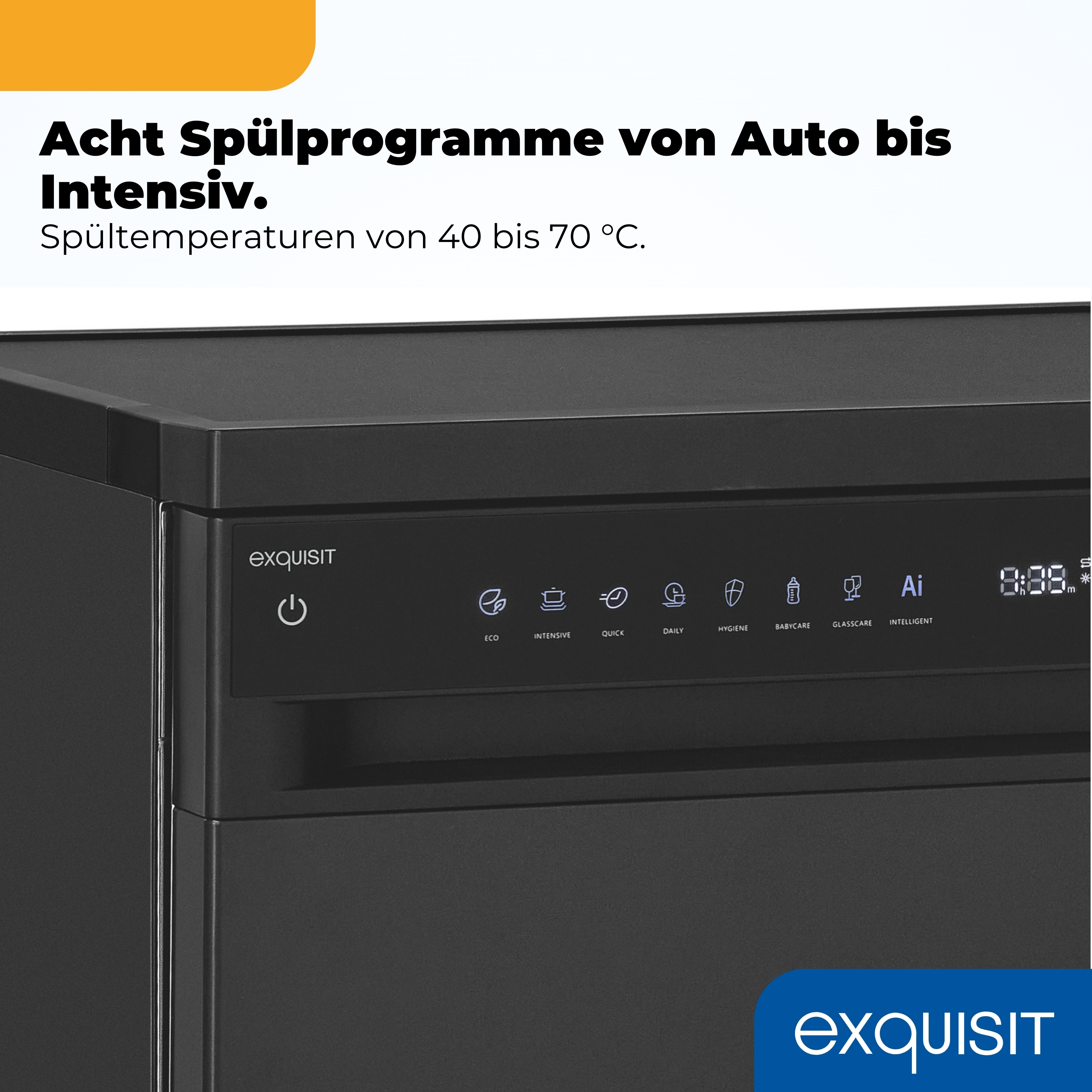 Schwarzer Geschirrspüler mit Bedienfeld und Programmsymbolen.