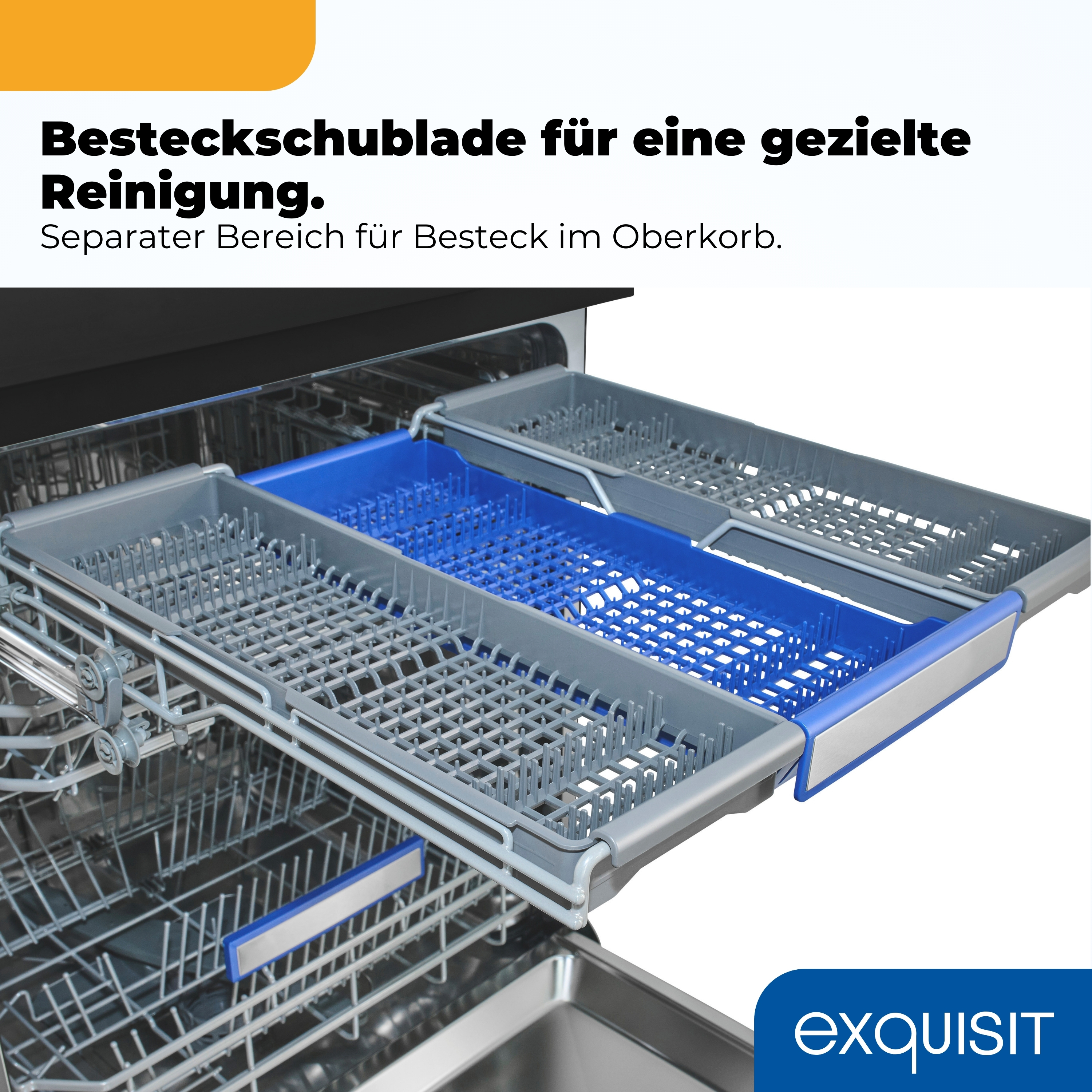 Geschirrkorb mit ausziehbarem Besteckfach in Blau und Grau.