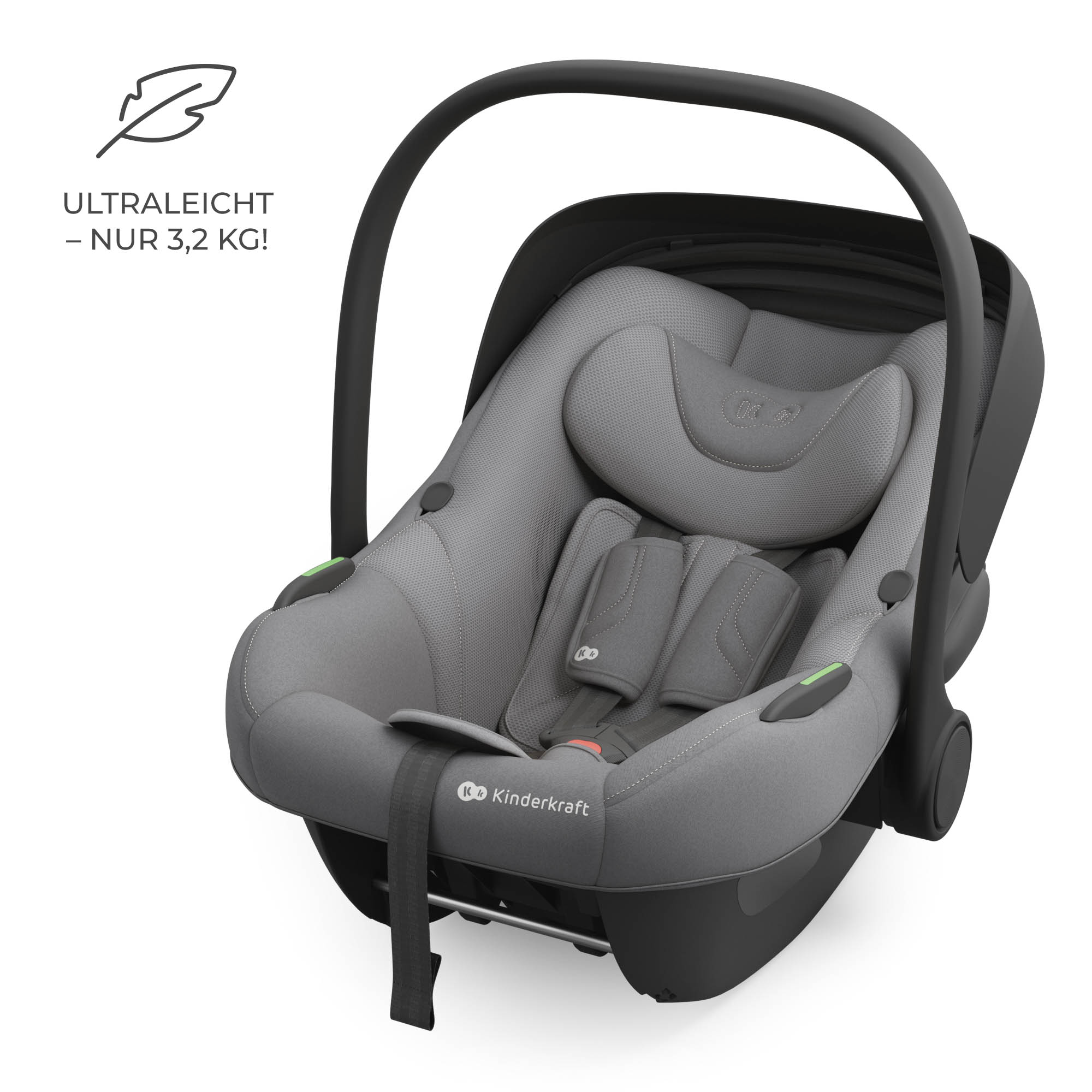 Grauer Kindersitz mit Griff und Gurten, Text "Ultraleicht - nur 3,2 kg!"