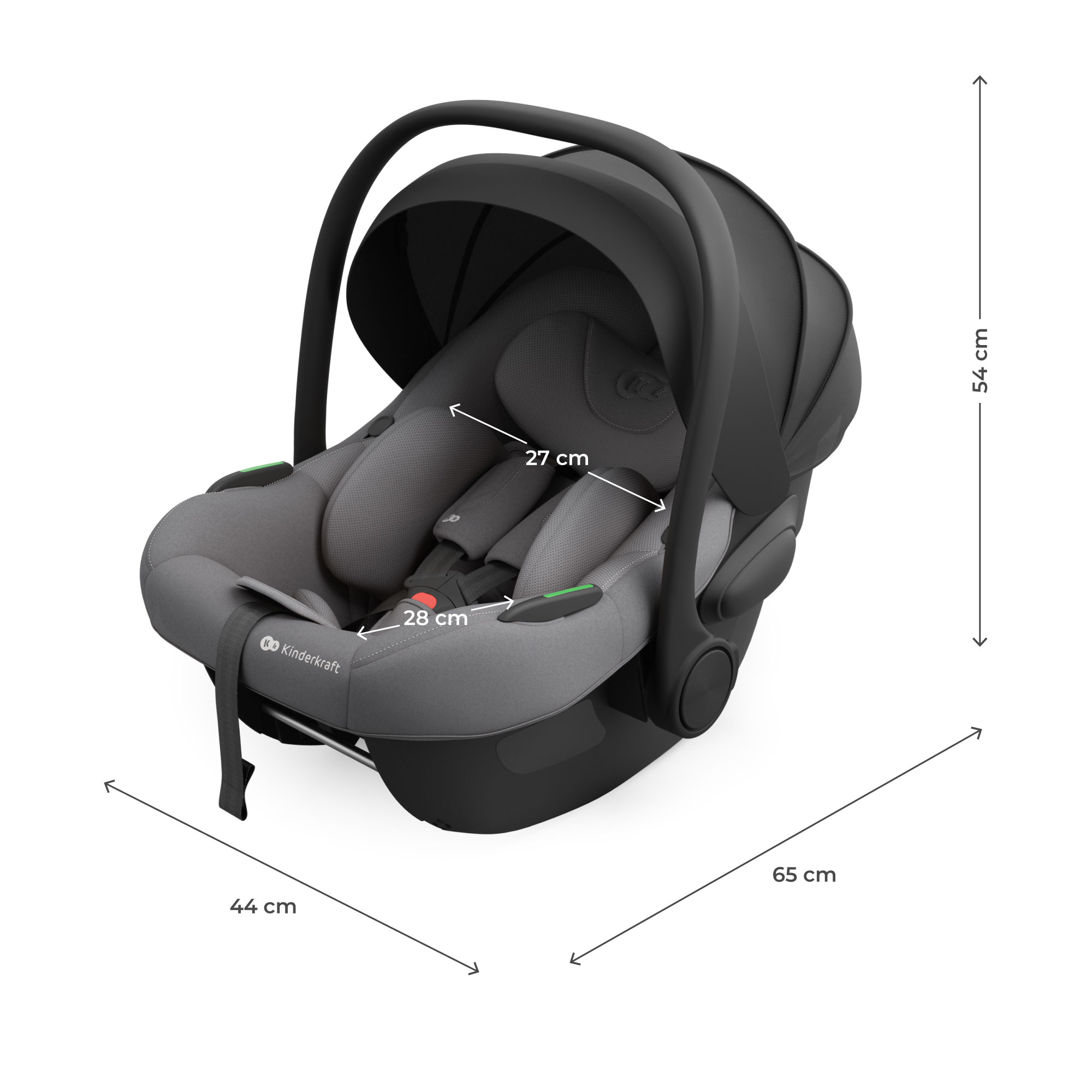 Grauer Kindersitz mit schwarzem Verdeck und Griff. Maße sind angegeben.