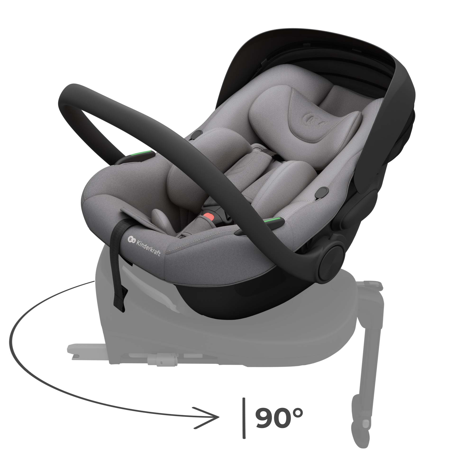 Grauer Kindersitz mit Griff und 90-Grad-Symbol.