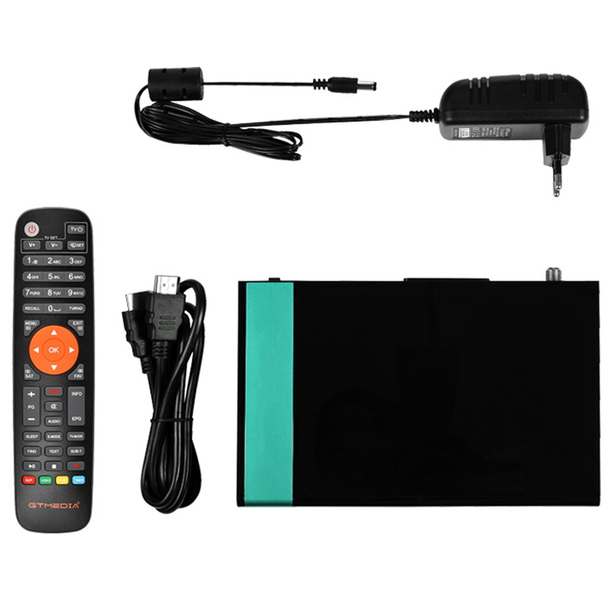 Ein schwarzer Receiver, Fernbedienung, HDMI-Kabel und Netzteil.