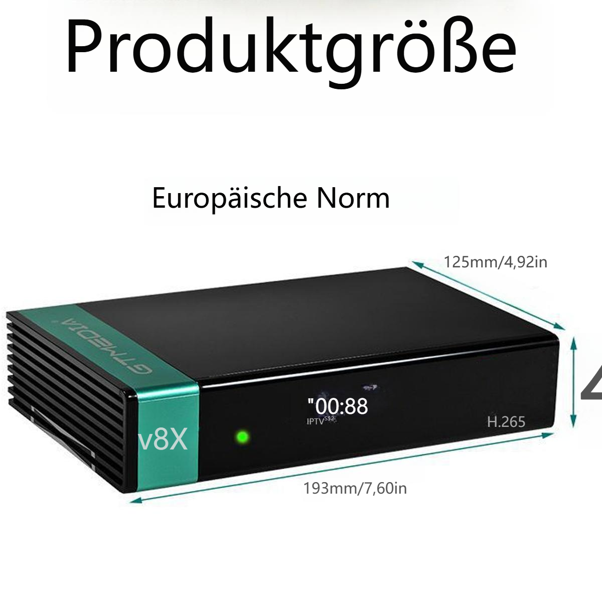 Schwarzer Gtmedia V8X Receiver mit Maßen 193x125mm.