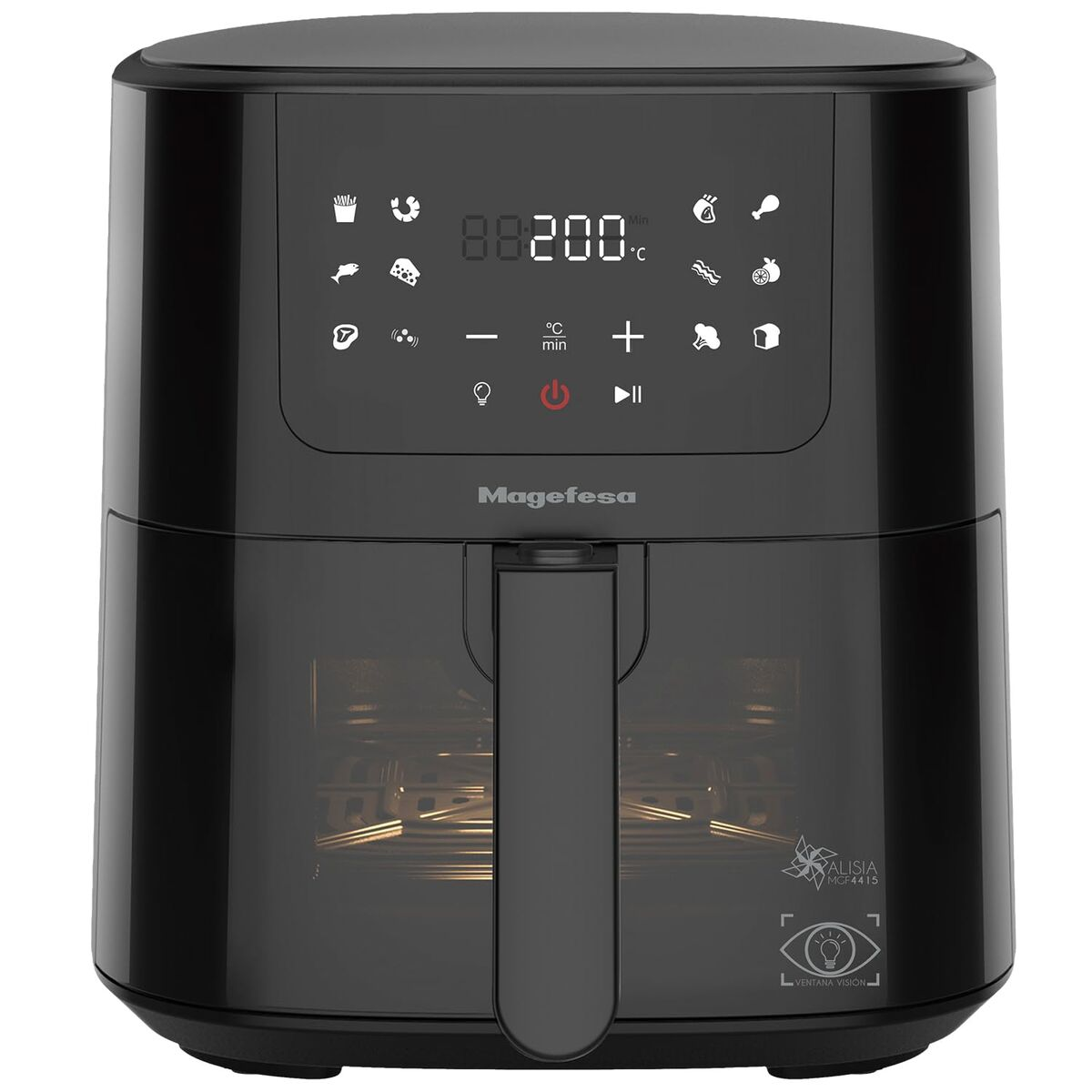 Freidora de aire negra con pantalla digital que muestra 200°C.