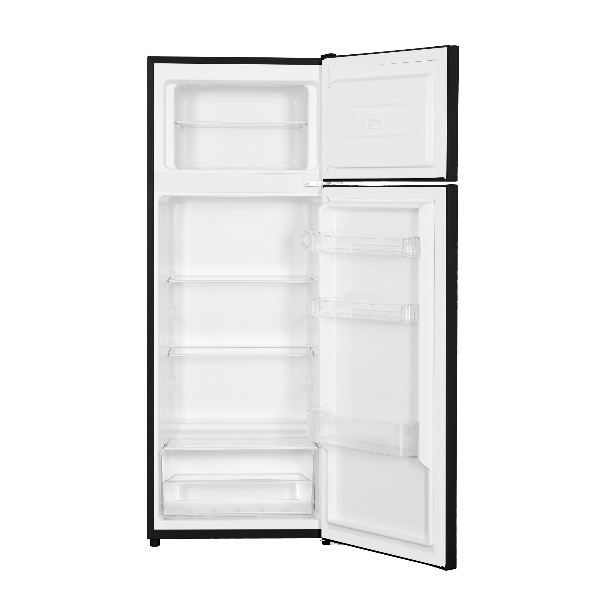 Un frigorifero nero aperto con interno bianco e ripiani in vetro.
