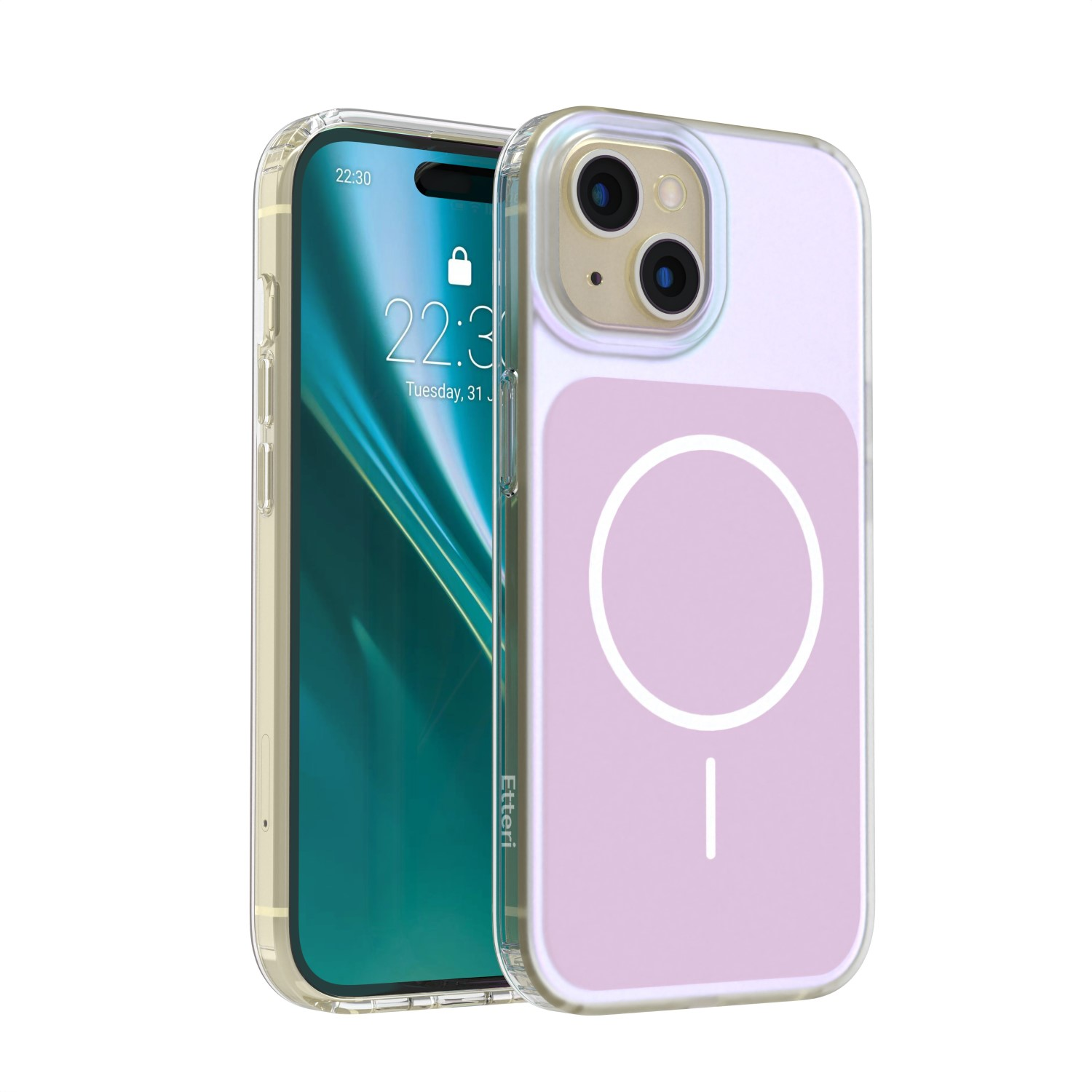 Dwa iPhone'y w przezroczystych etui, jedno pokazuje okrąg MagSafe.