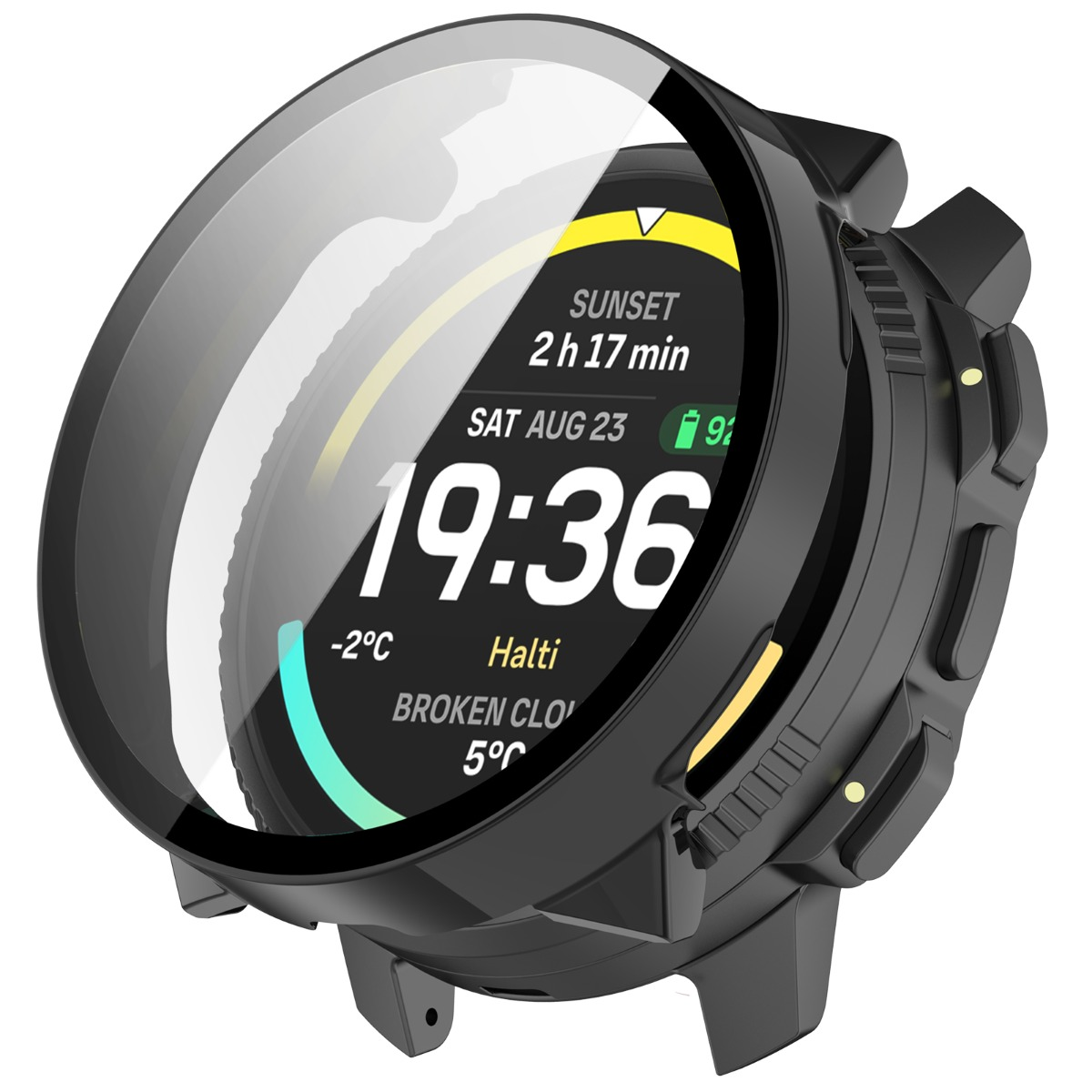 Smartwatch nero con custodia protettiva, mostra 19:36, data e temperatura.
