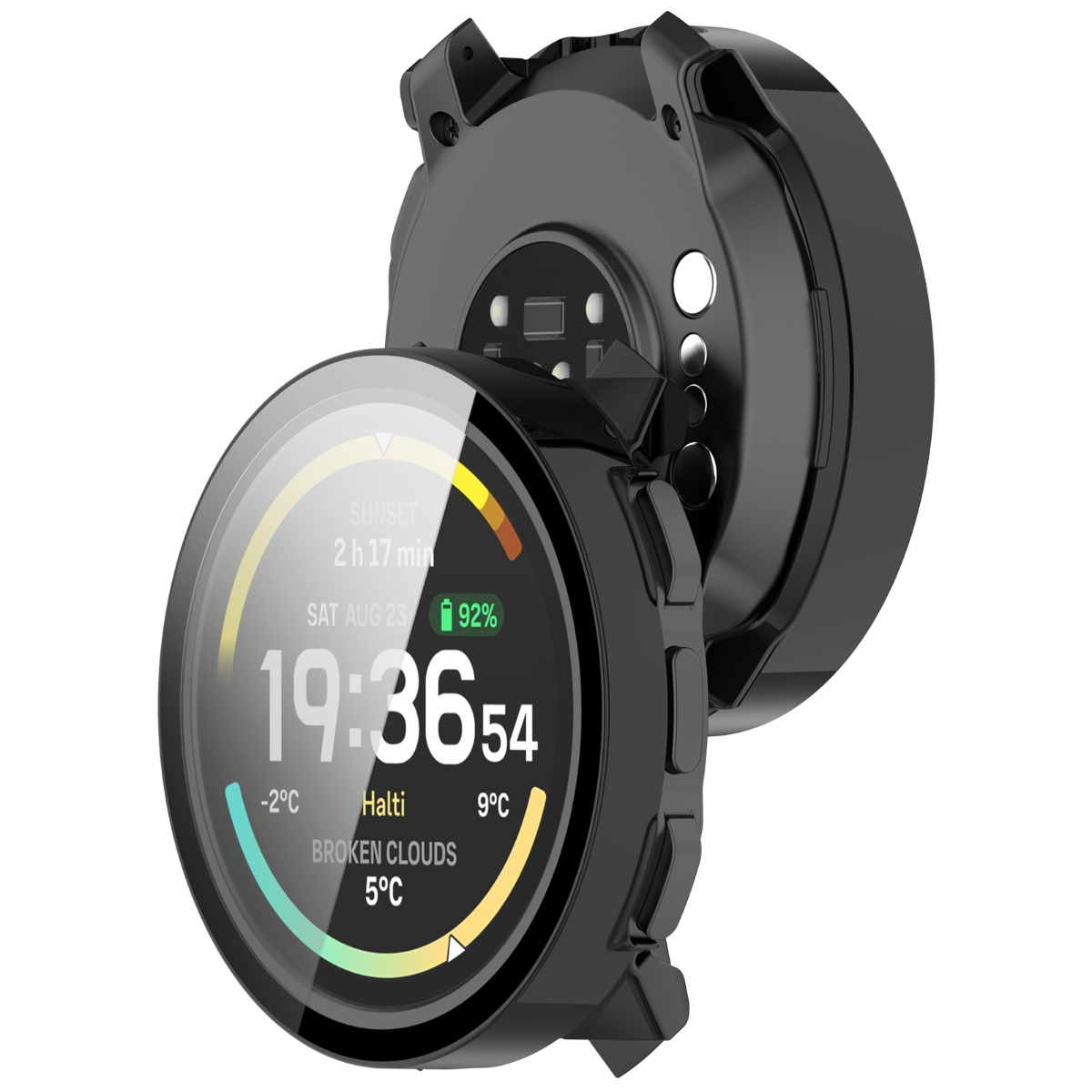 Uno smartwatch nero mostra l'ora 19:36, data, meteo e batteria al 92%.