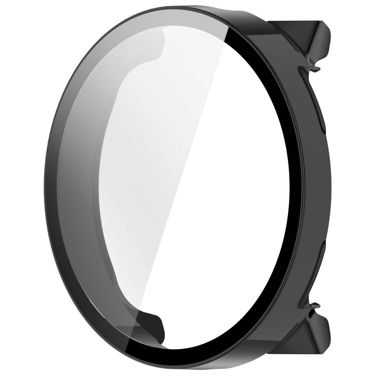 Una protezione per orologio nera con display trasparente, mostrata da vicino.
