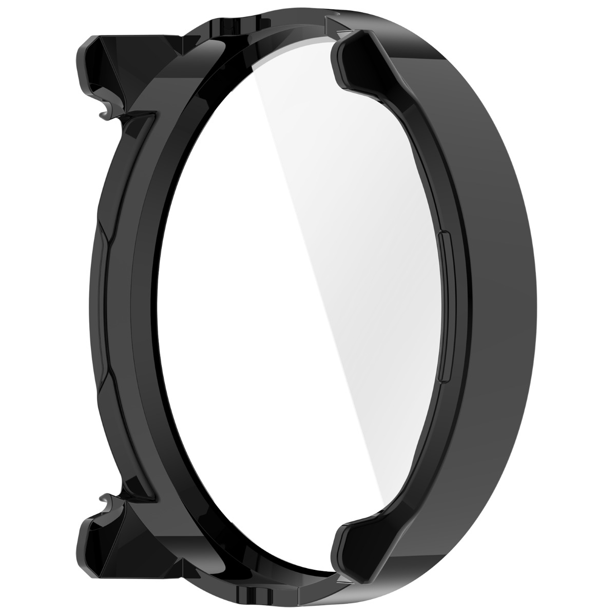 Anello nero con inserto trasparente, simile a una protezione per orologio o lente.