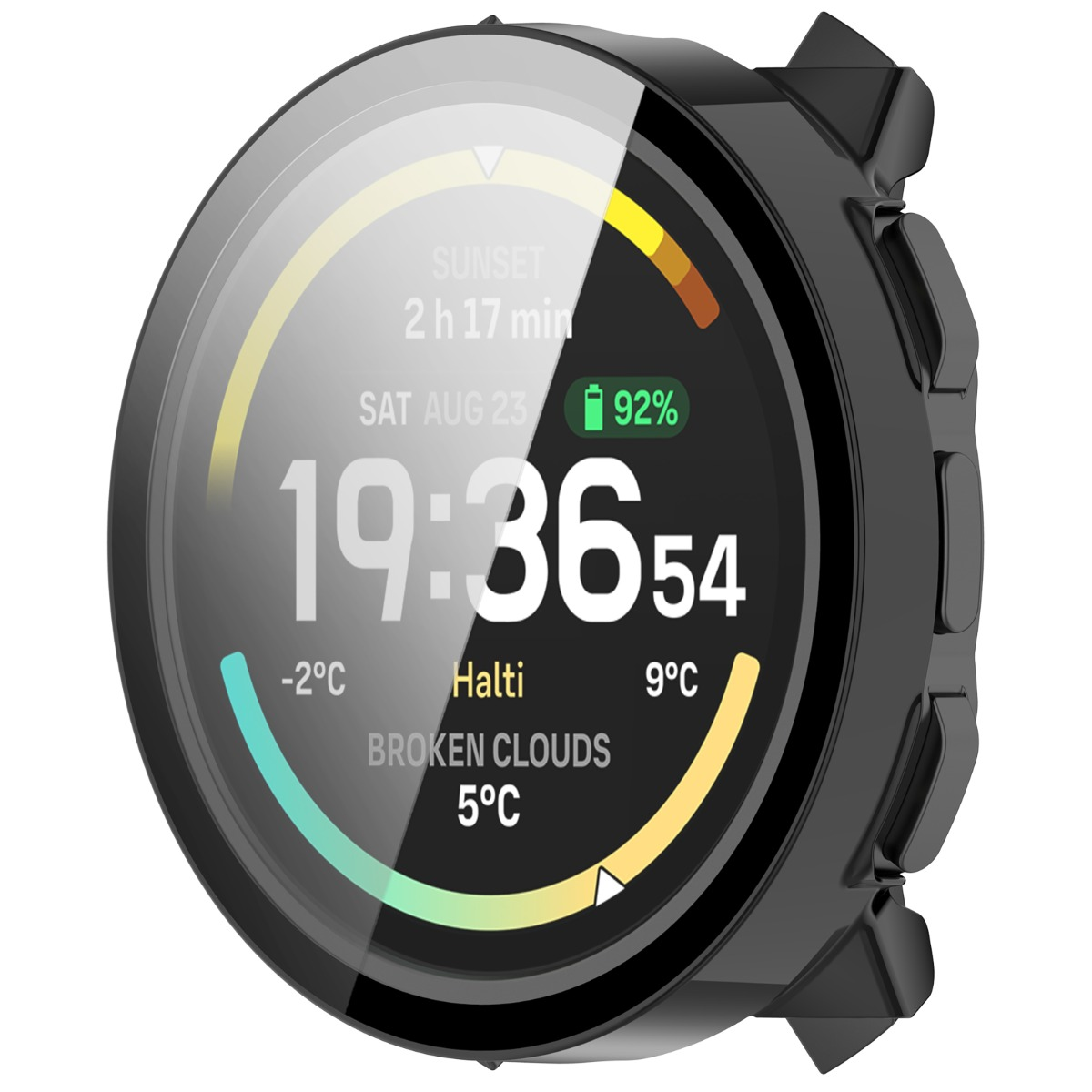 Uno smartwatch nero mostra le 19:36, 92% di batteria, meteo e data.