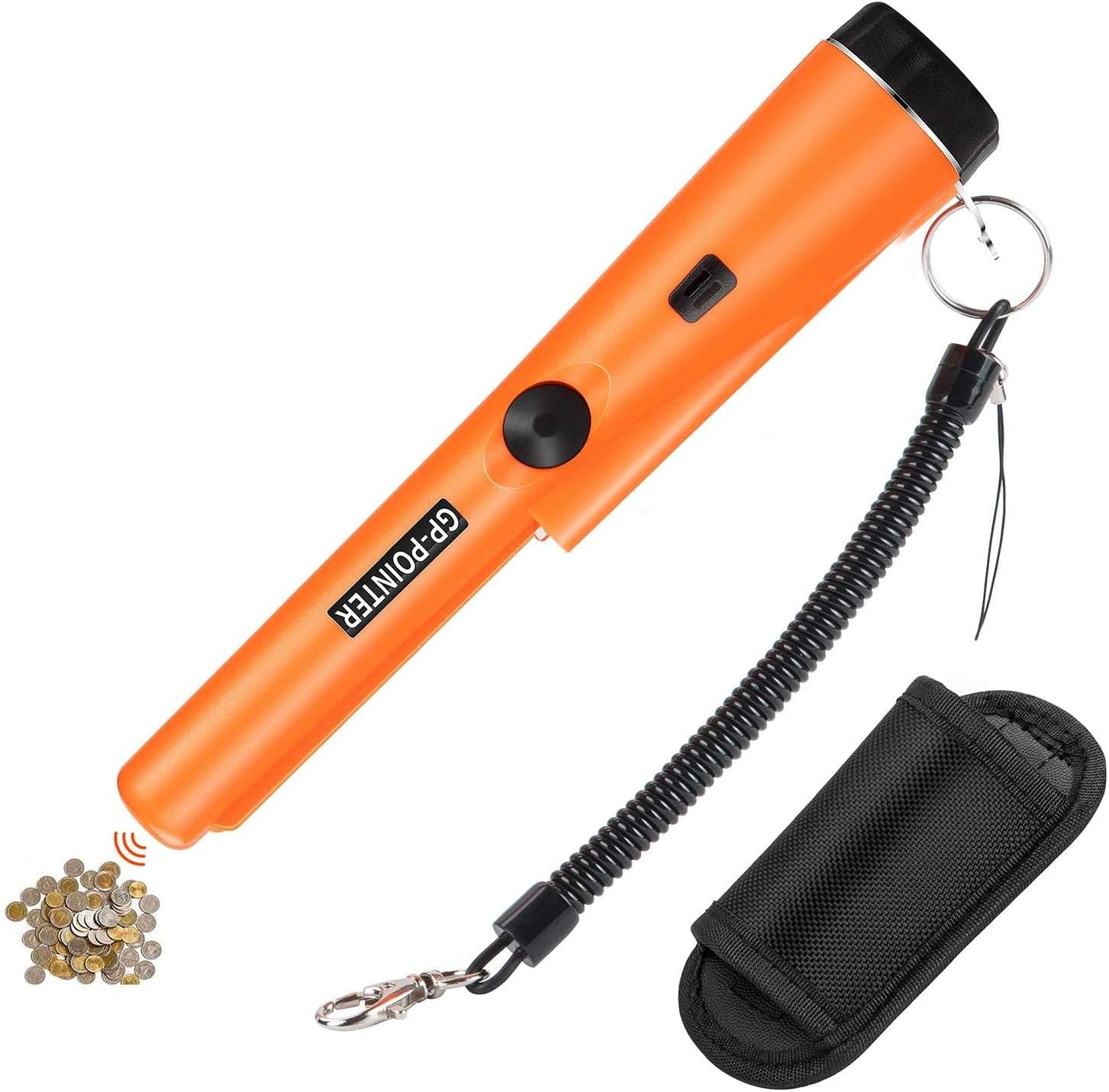 Ein orangefarbener Metalldetektor mit einem Ring, einer Spiralkordel und einer schwarzen Tasche.