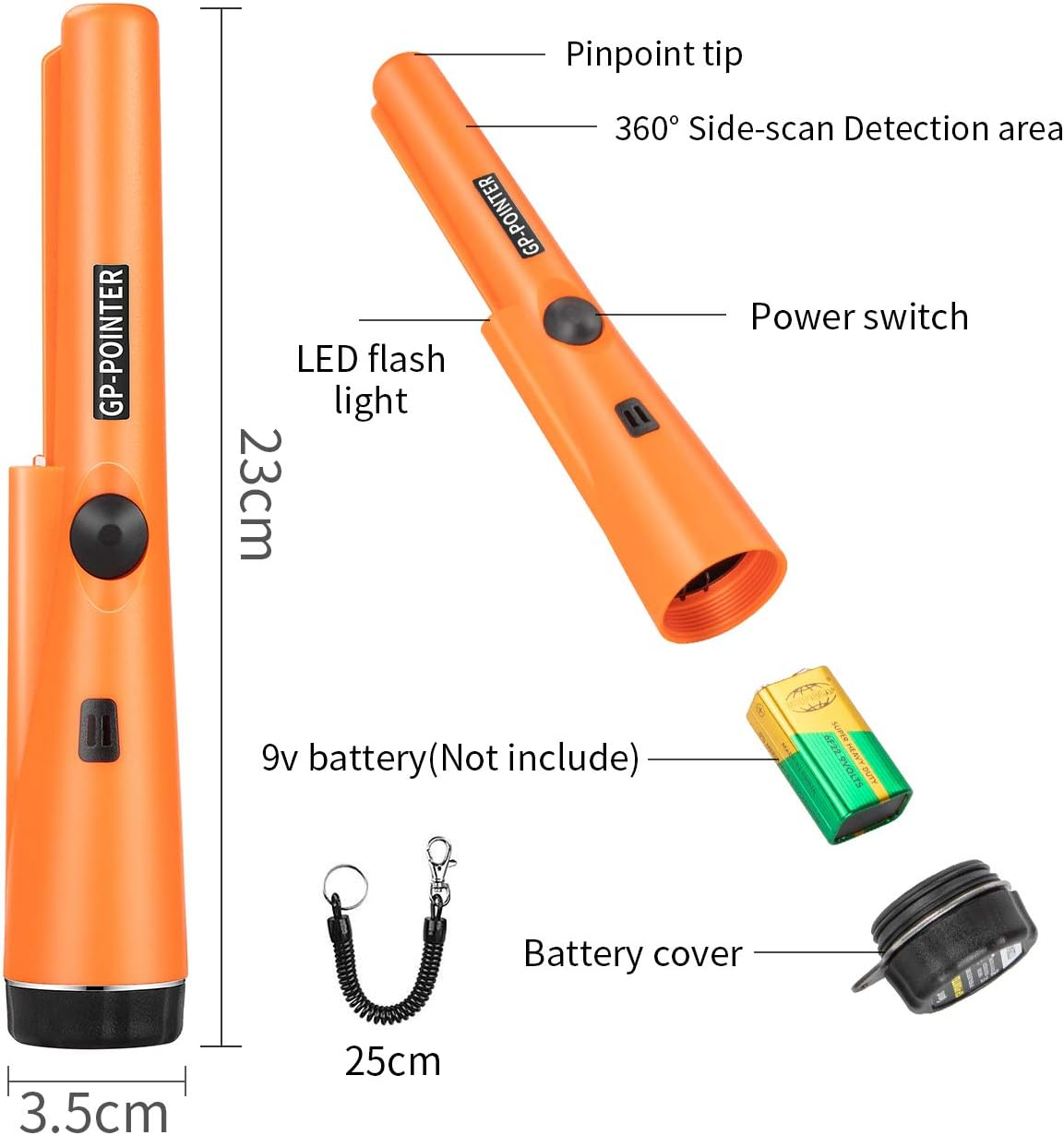Orange Metalldetektor mit Zubehör: 23cm lang, 3.5cm breit, mit 9V Batterie.