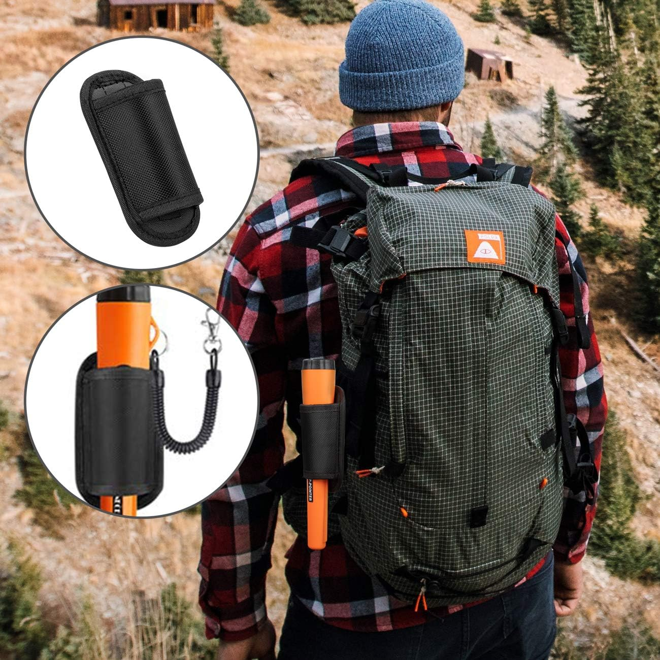 Rückansicht einer Person mit Rucksack in der Natur, orangefarbener Detektor an der Seite.