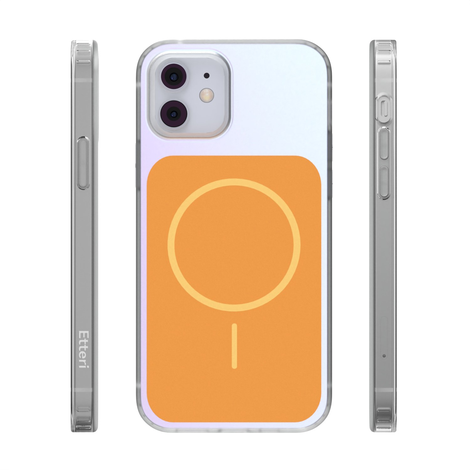 Una custodia trasparente per telefono con design a cerchio arancione, mostrata da tre lati.