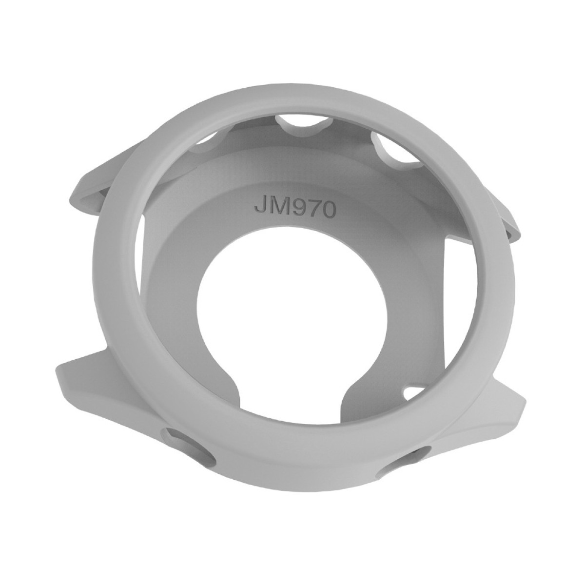 Protezione grigia per orologio con testo JM970, isolata su bianco.