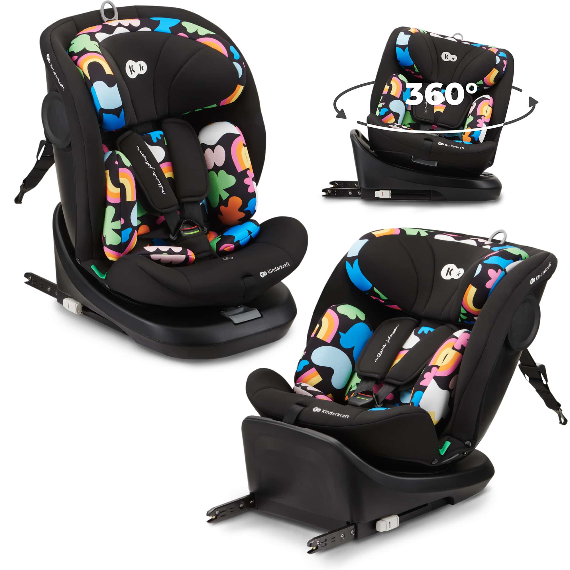 Schwarzer Kindersitz mit bunter Musterung und 360-Grad-Drehfunktion.