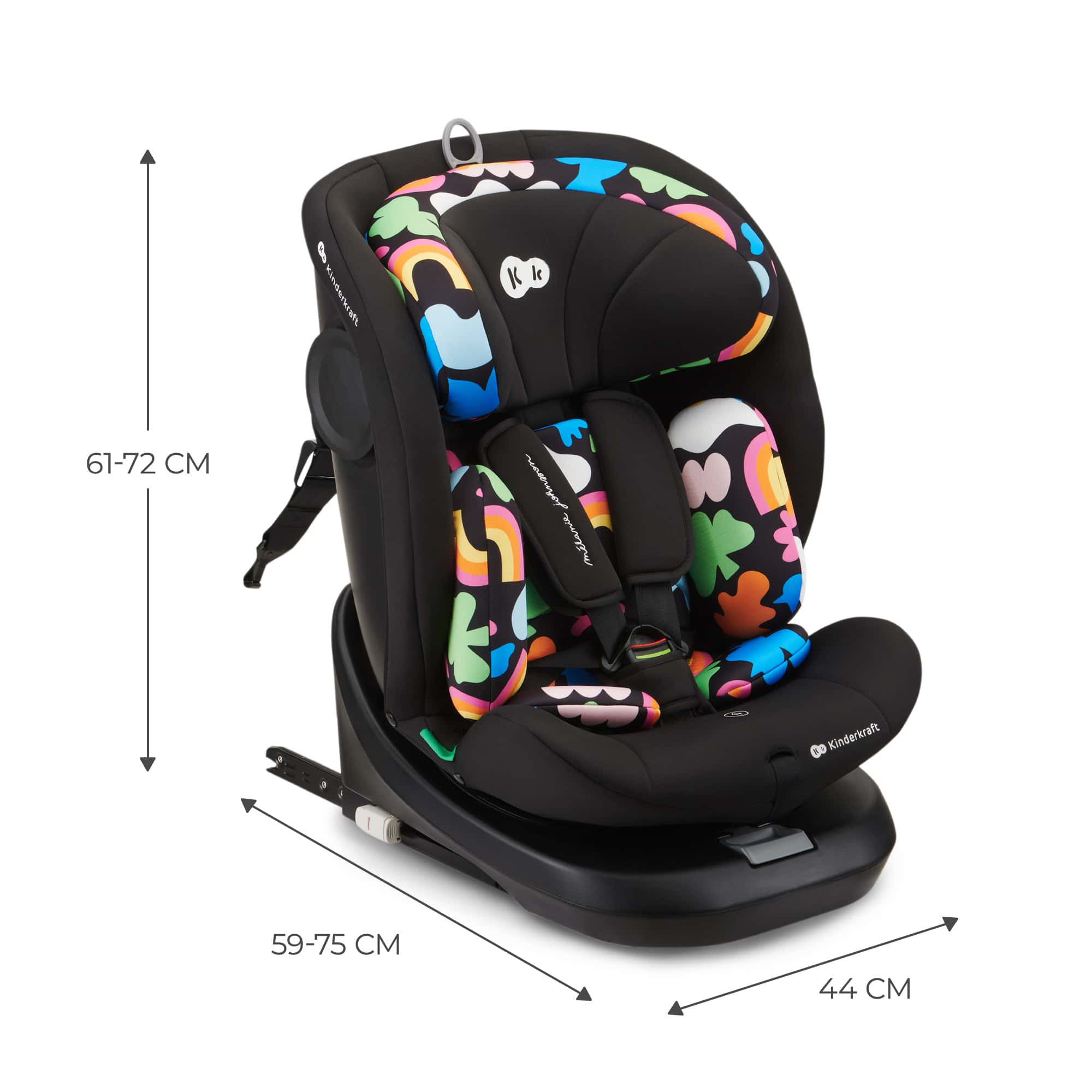 Schwarzer Kindersitz mit bunten geometrischen Mustern und Größenangaben.
