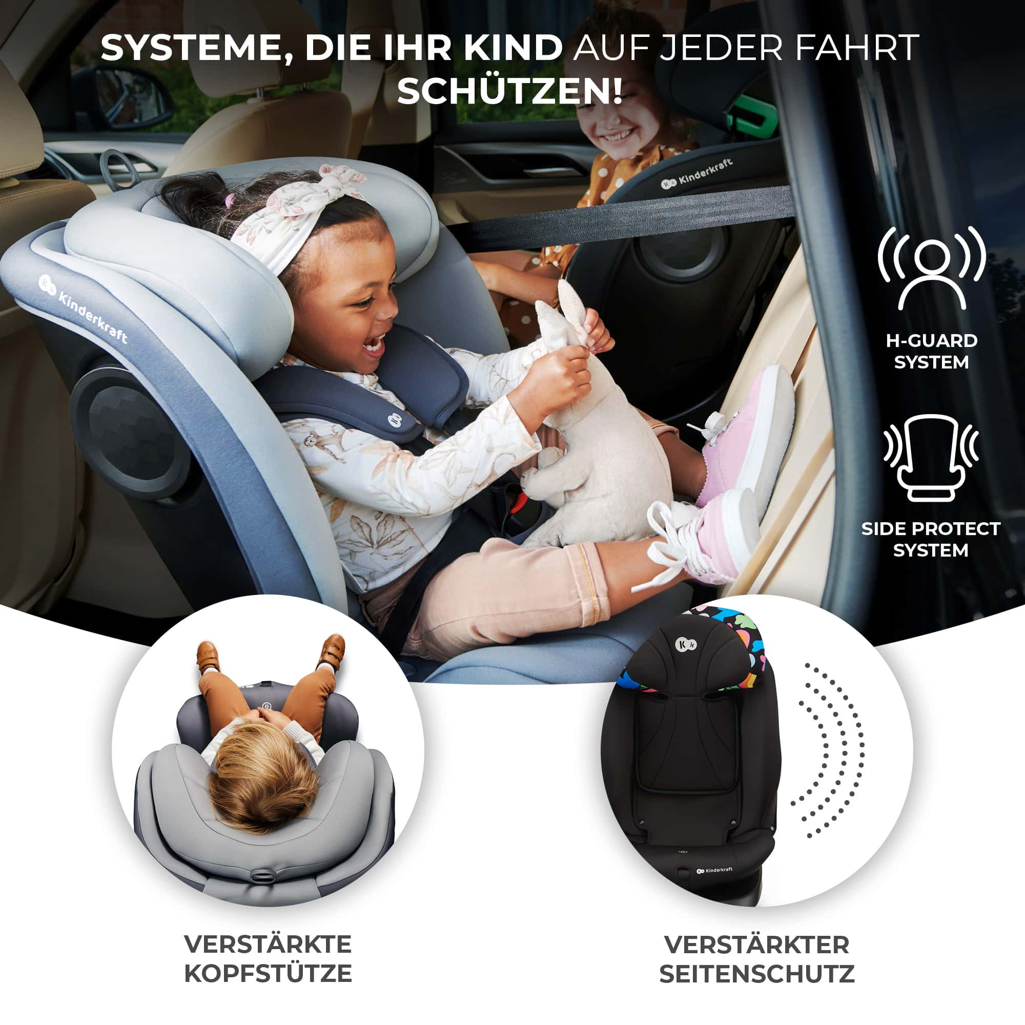 Zwei Kinder in Kindersitzen im Auto. Fokus auf Sicherheitssysteme.