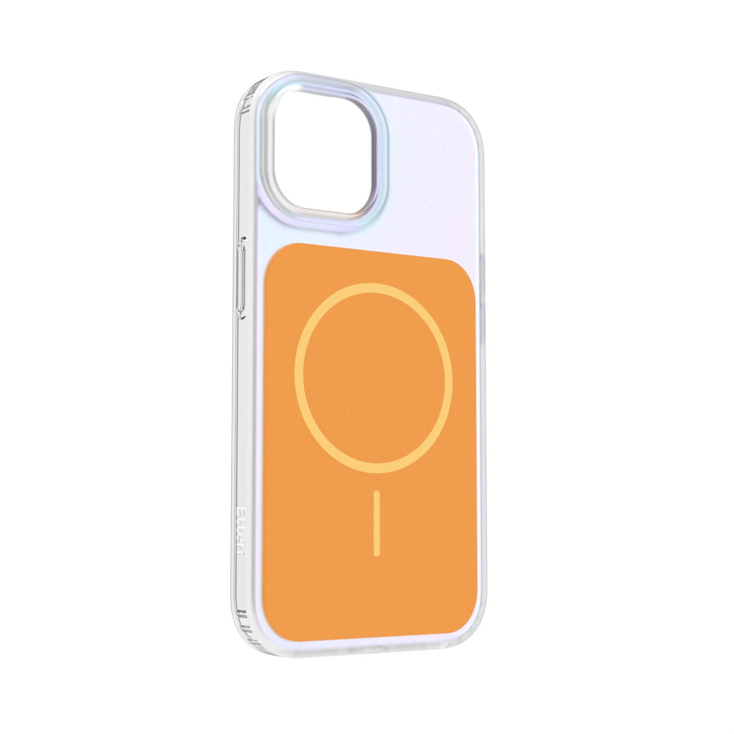 Custodia trasparente per telefono con design a cerchio magnetico arancione.