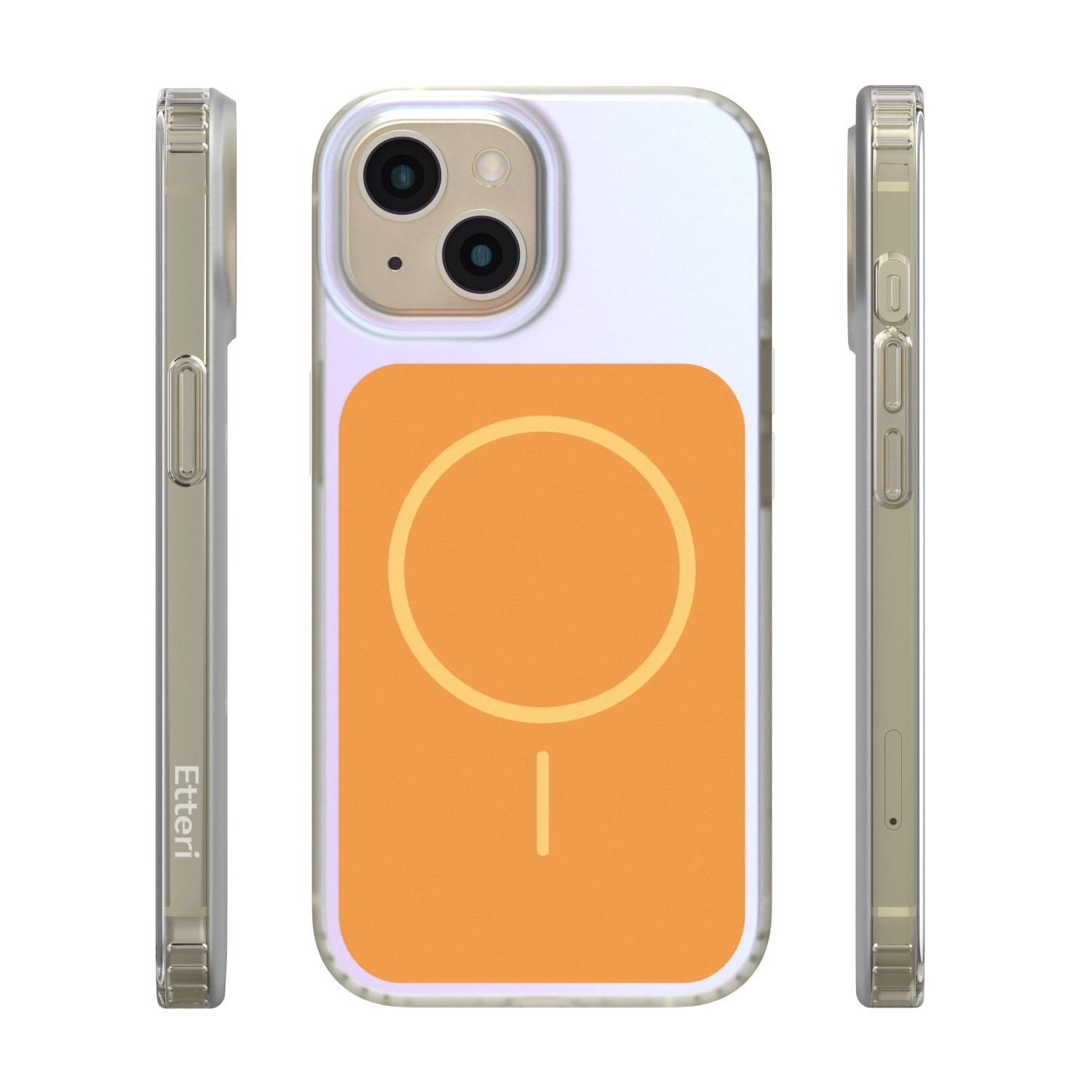 Una custodia trasparente per telefono con un design a cerchio e linea arancione.