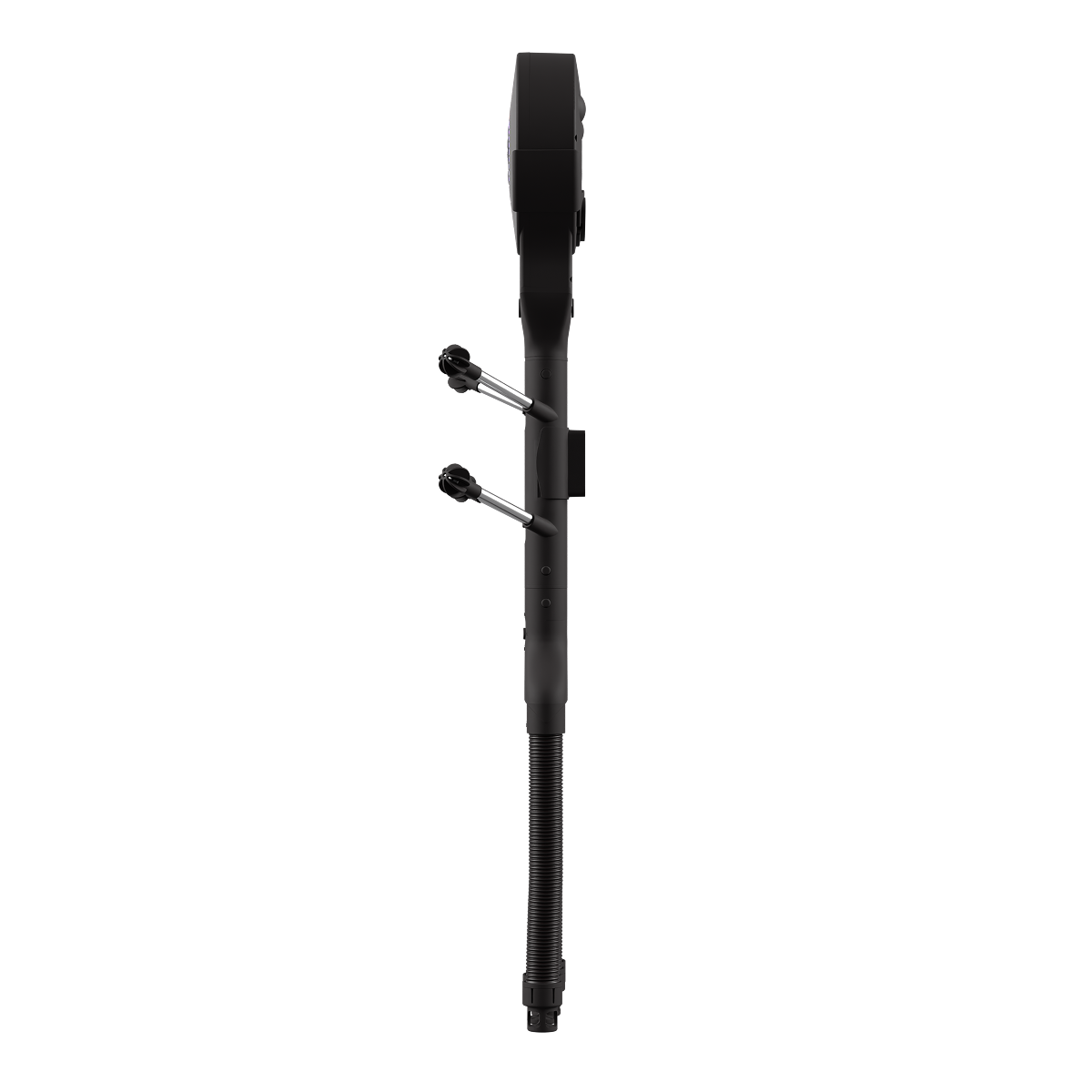 Ein schwarzes Gerät mit zwei schwenkbaren Armen, das auf einem weißen Hintergrund steht.