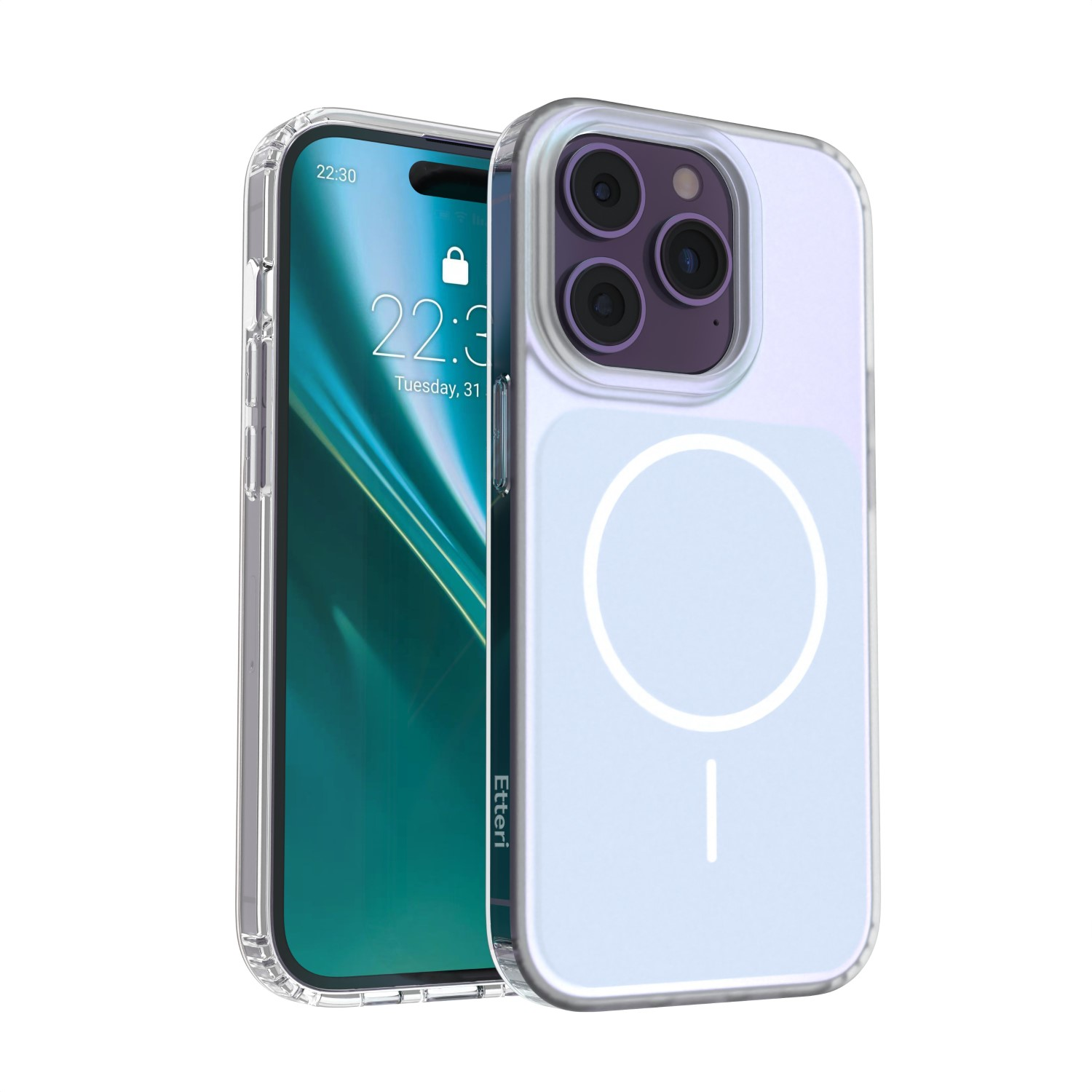 Przezroczyste etui na telefon z jasnoniebieskim telefonem.