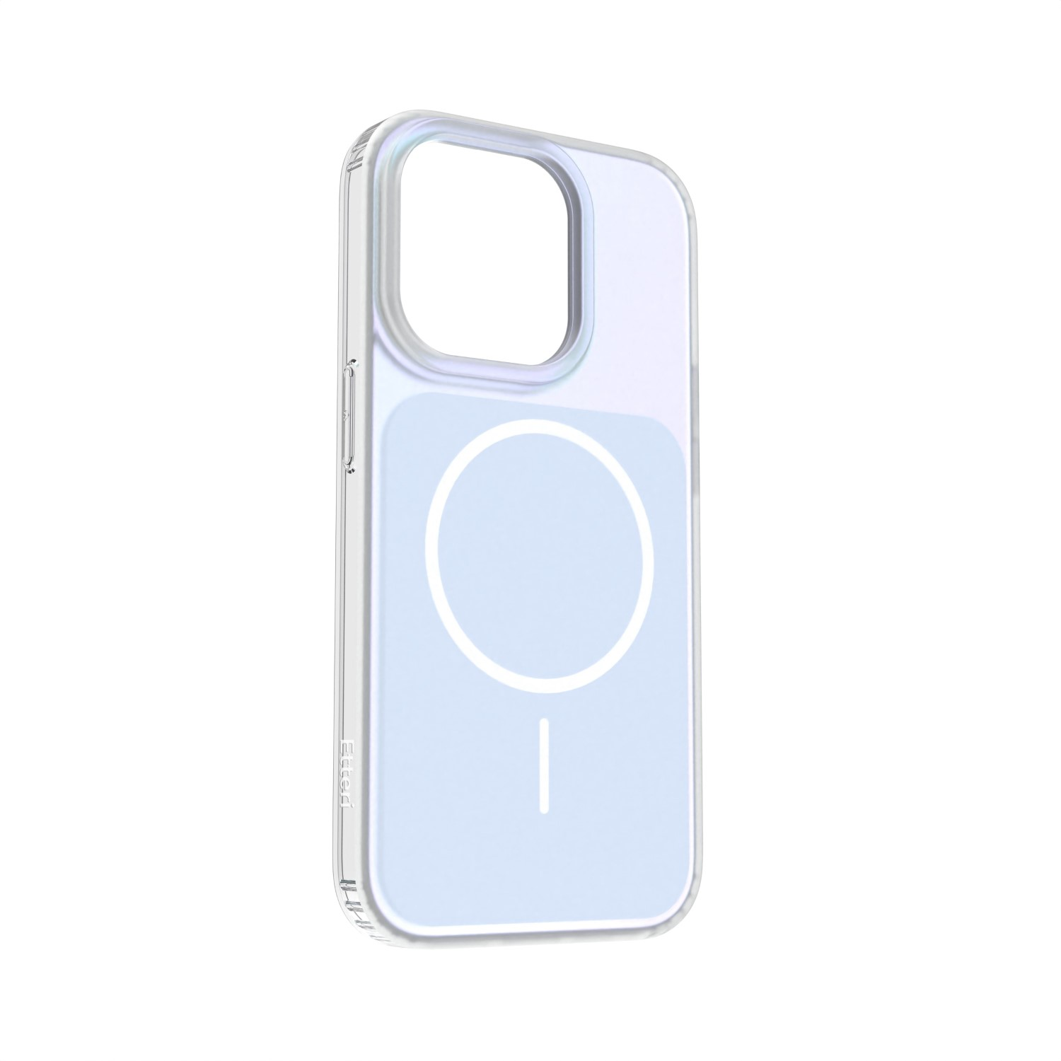 Przezroczyste etui na telefon z okręgiem MagSafe i pionową linią na jasnoniebieskim tle.