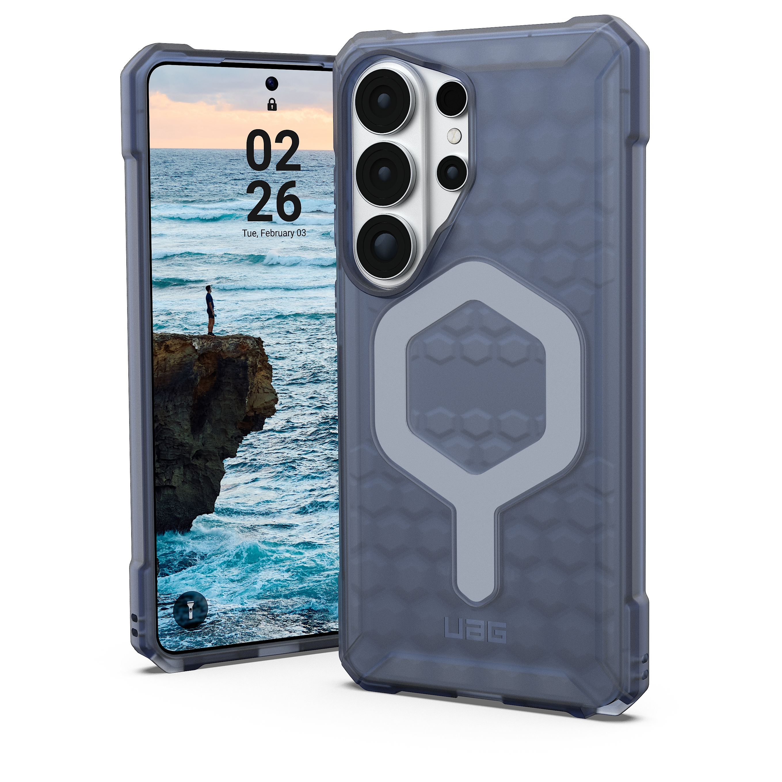 Ein Smartphone mit einer Hülle, die auf einem Tisch liegt. Der Bildschirm zeigt eine Landschaft.
