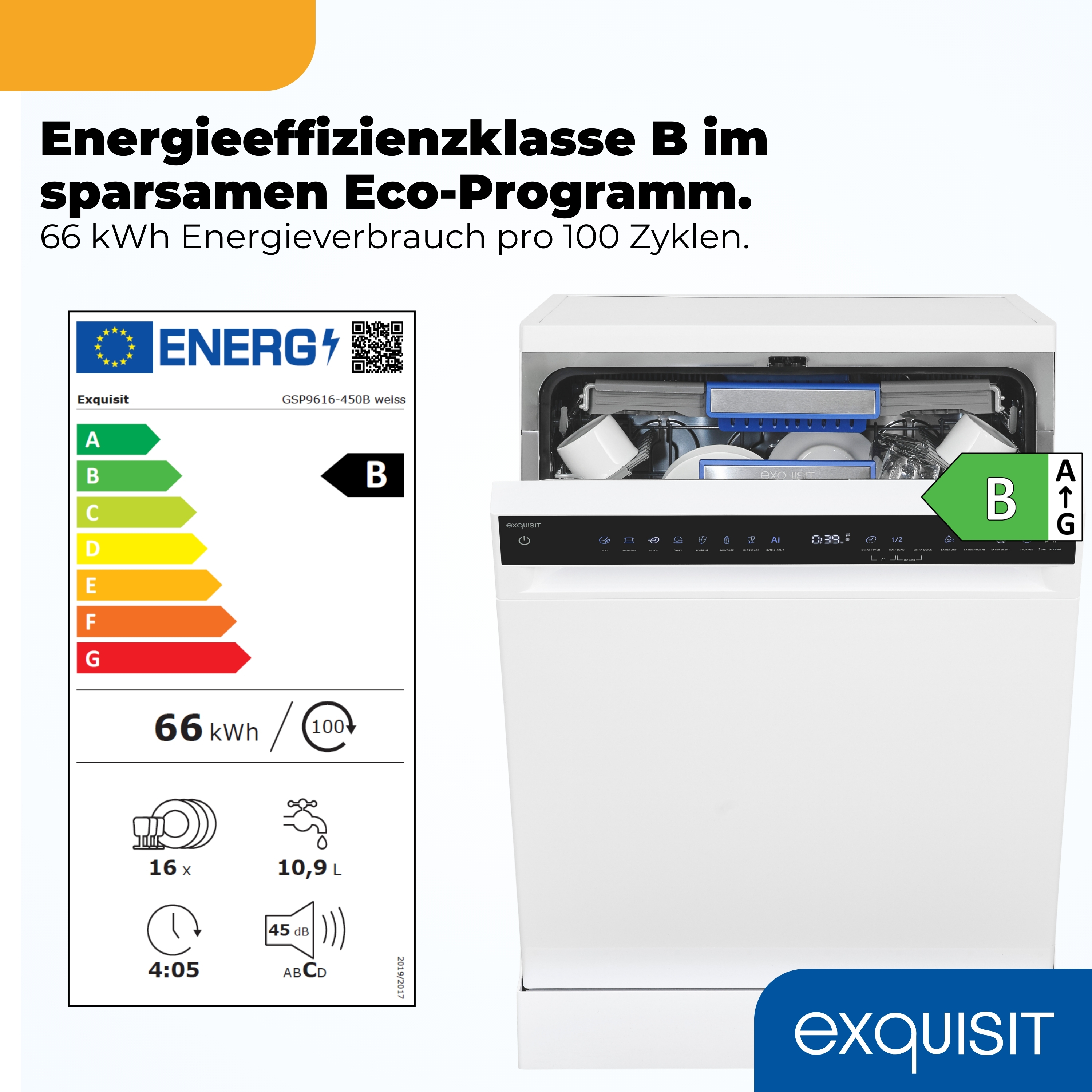 Ein weißer Geschirrspüler mit Energieeffizienzklasse B. Details zu Verbrauch, Kapazität und Lautstärke.