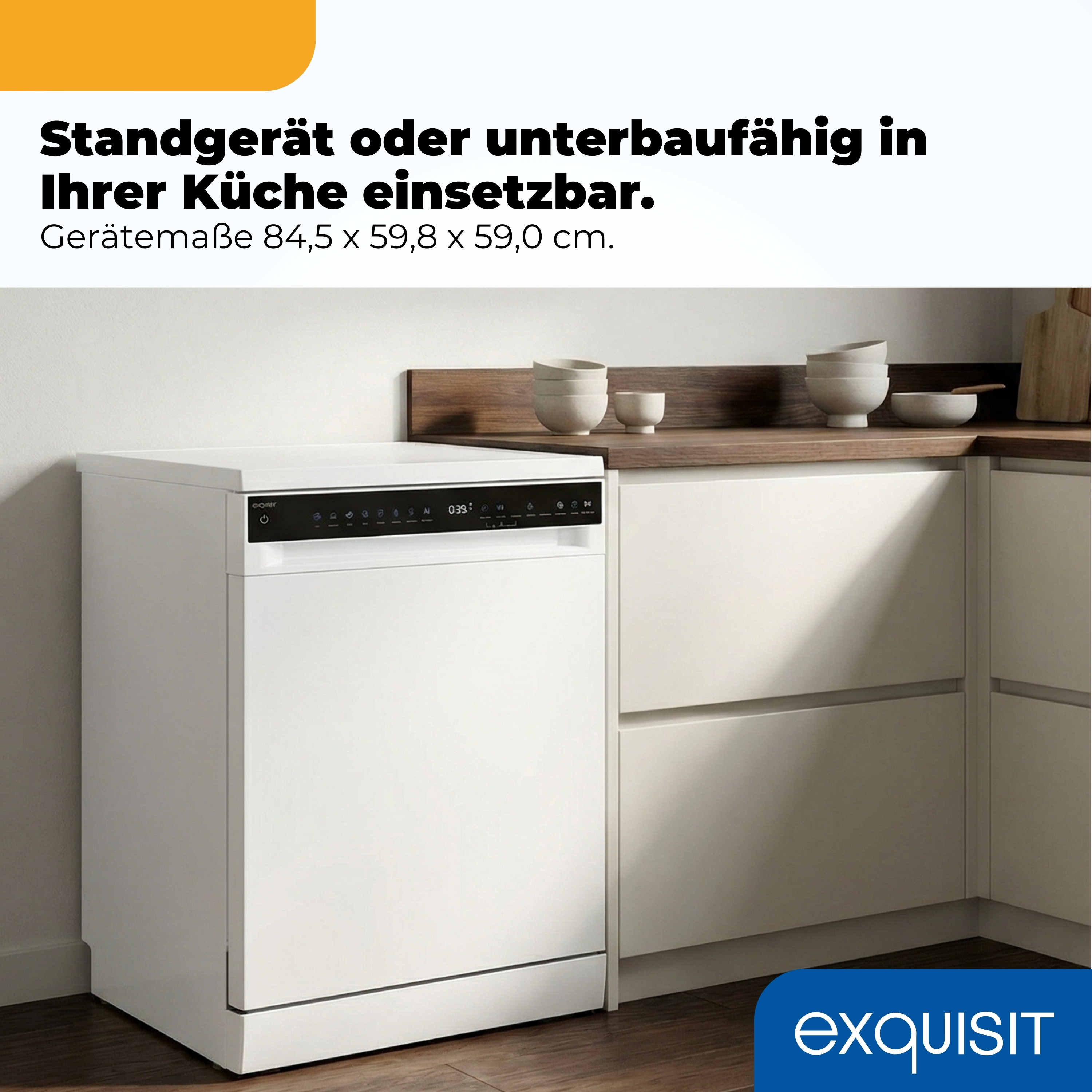 Ein weißer Geschirrspüler steht in einer modernen Küche neben Küchenschränken.