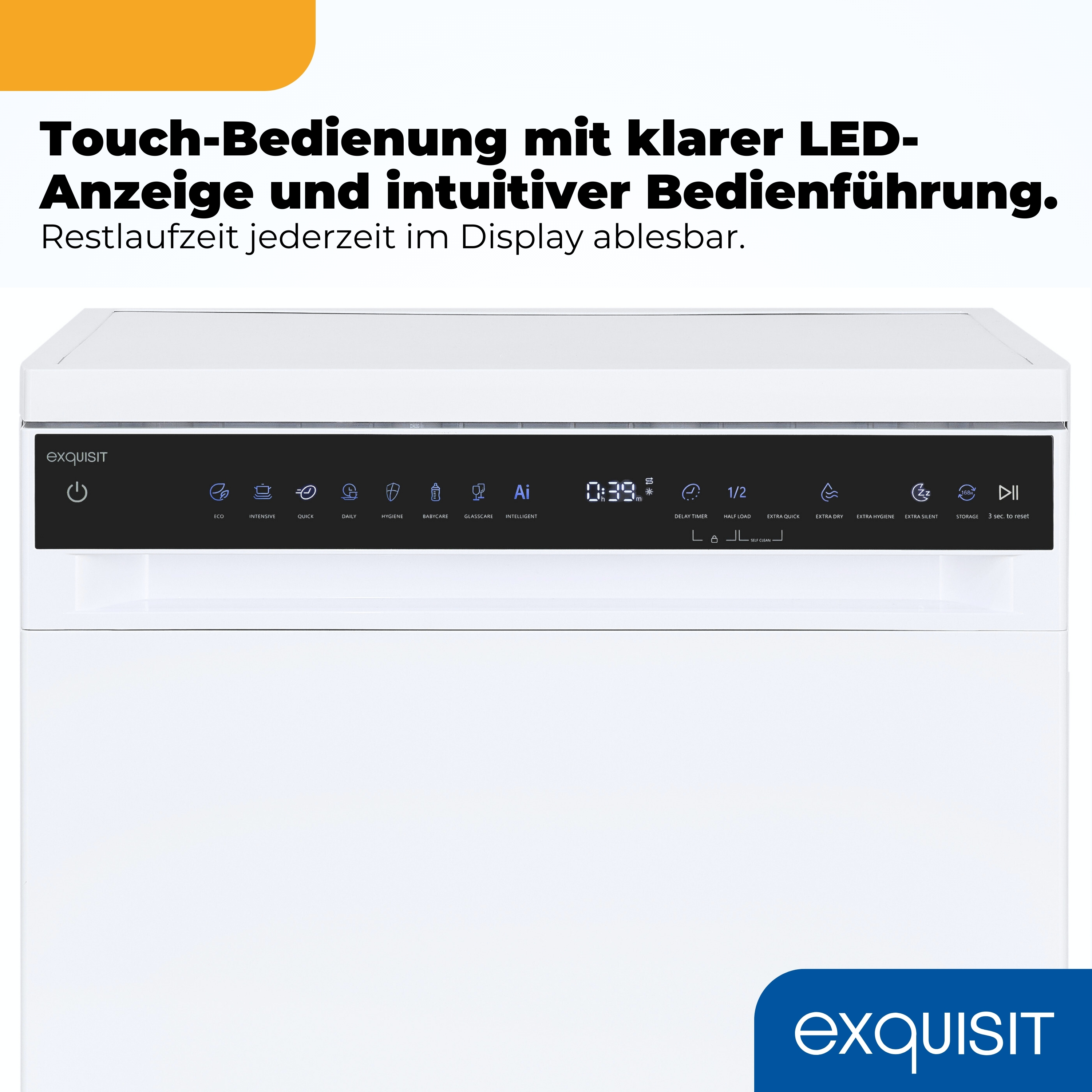 Front eines weißen Geschirrspülers mit Touch-Bedienfeld und LED-Anzeige.
