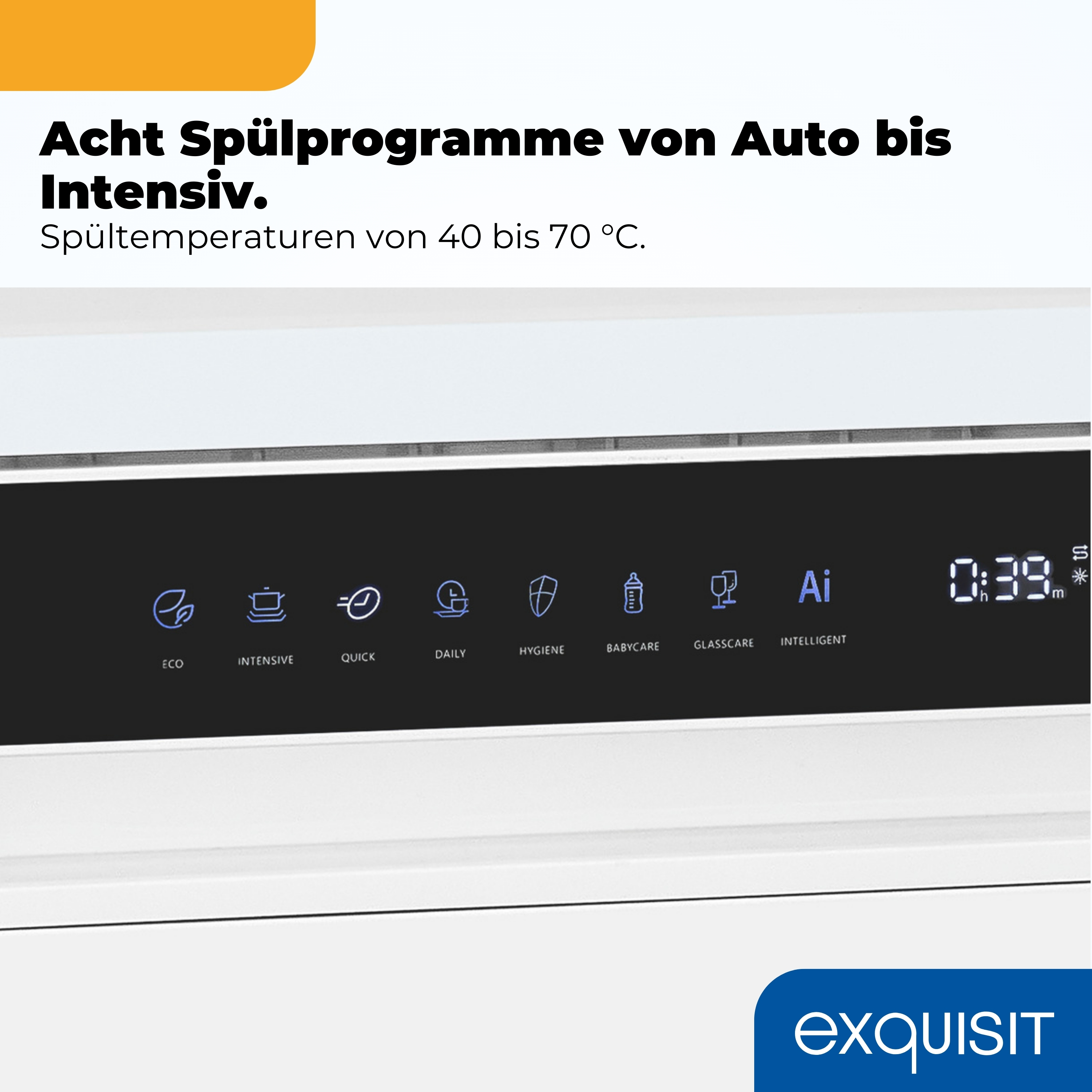 Geschirrspüler-Display mit Programmen: ECO, INTENSIVE, QUICK, DAILY, HYGIENE, BABYCARE, GLASSCARE, INTELLIGENT.