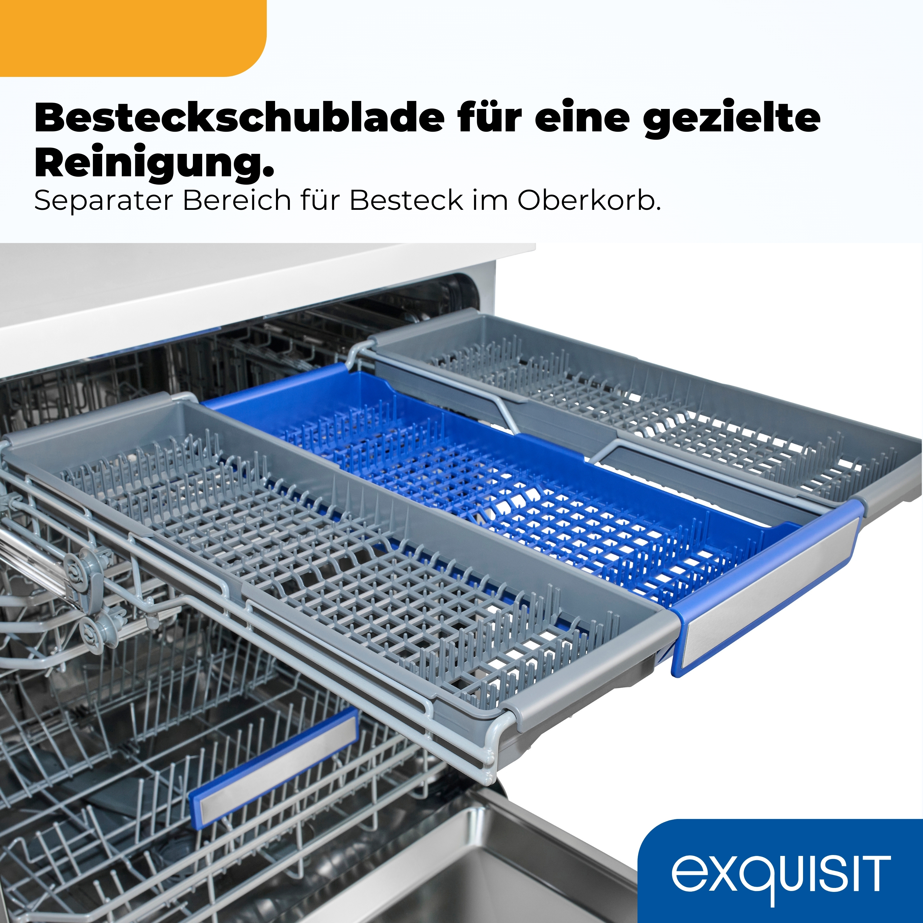 Innenansicht einer Spülmaschine mit ausgefahrener Besteckschublade.