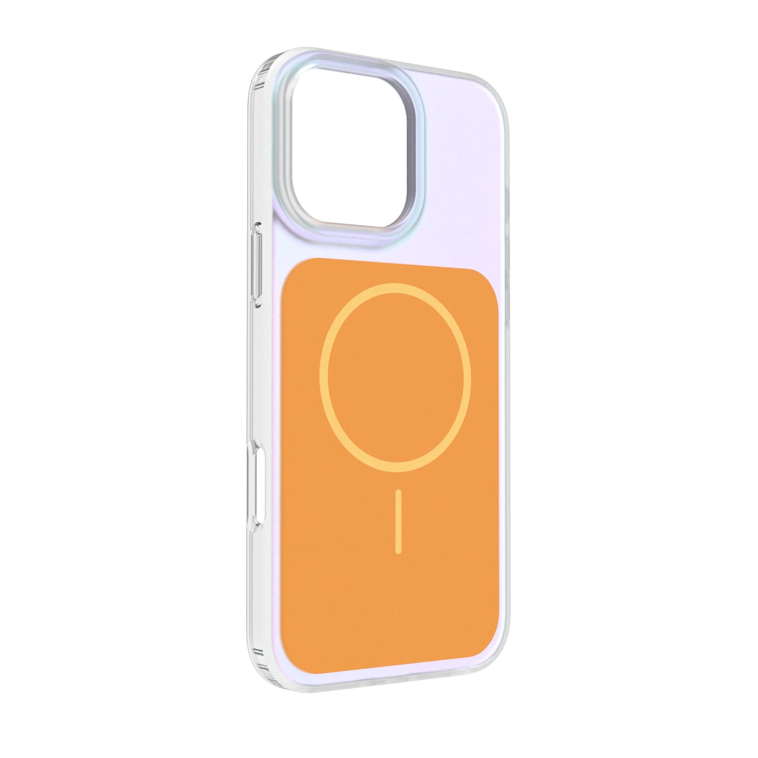Custodia trasparente per telefono con retro arancione e simbolo circolare.