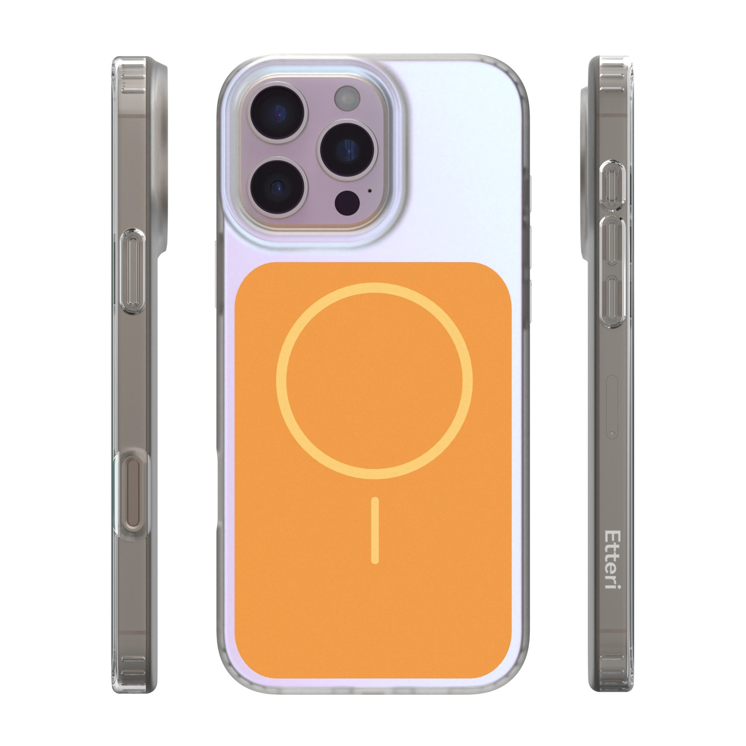 Una cover trasparente per telefono con cerchio e linea arancioni.