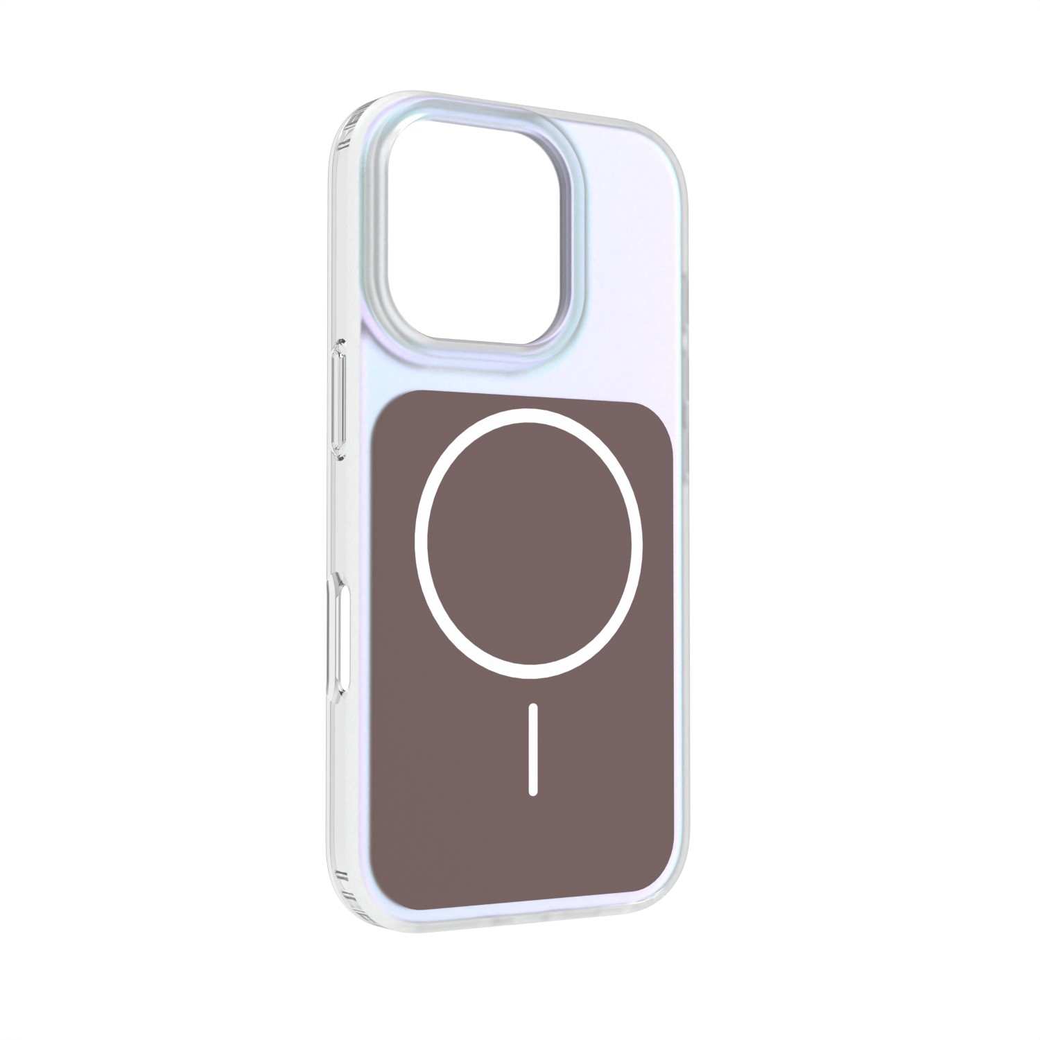 Custodia trasparente con cerchio e linea marrone per iPhone.