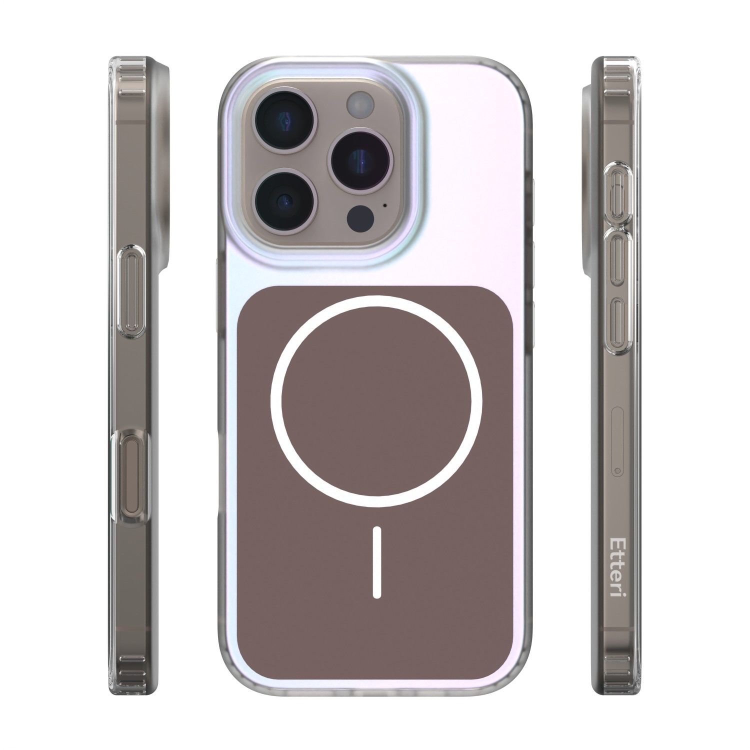 Custodia iPhone con cerchio MagSafe e tre fotocamere sul retro.